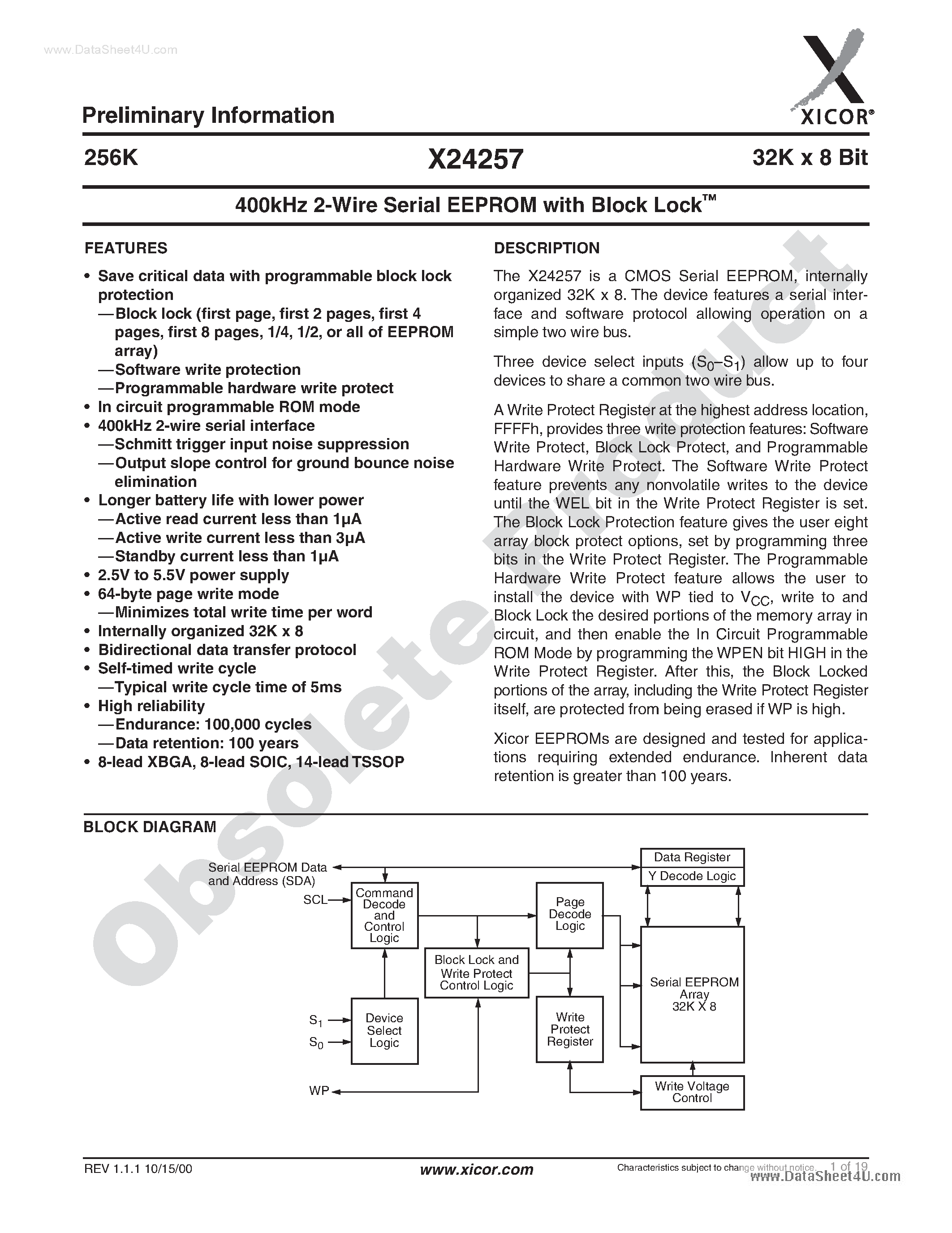 Datasheet X24257 - 400kHz 2-Wire Serial EEPROM page 1