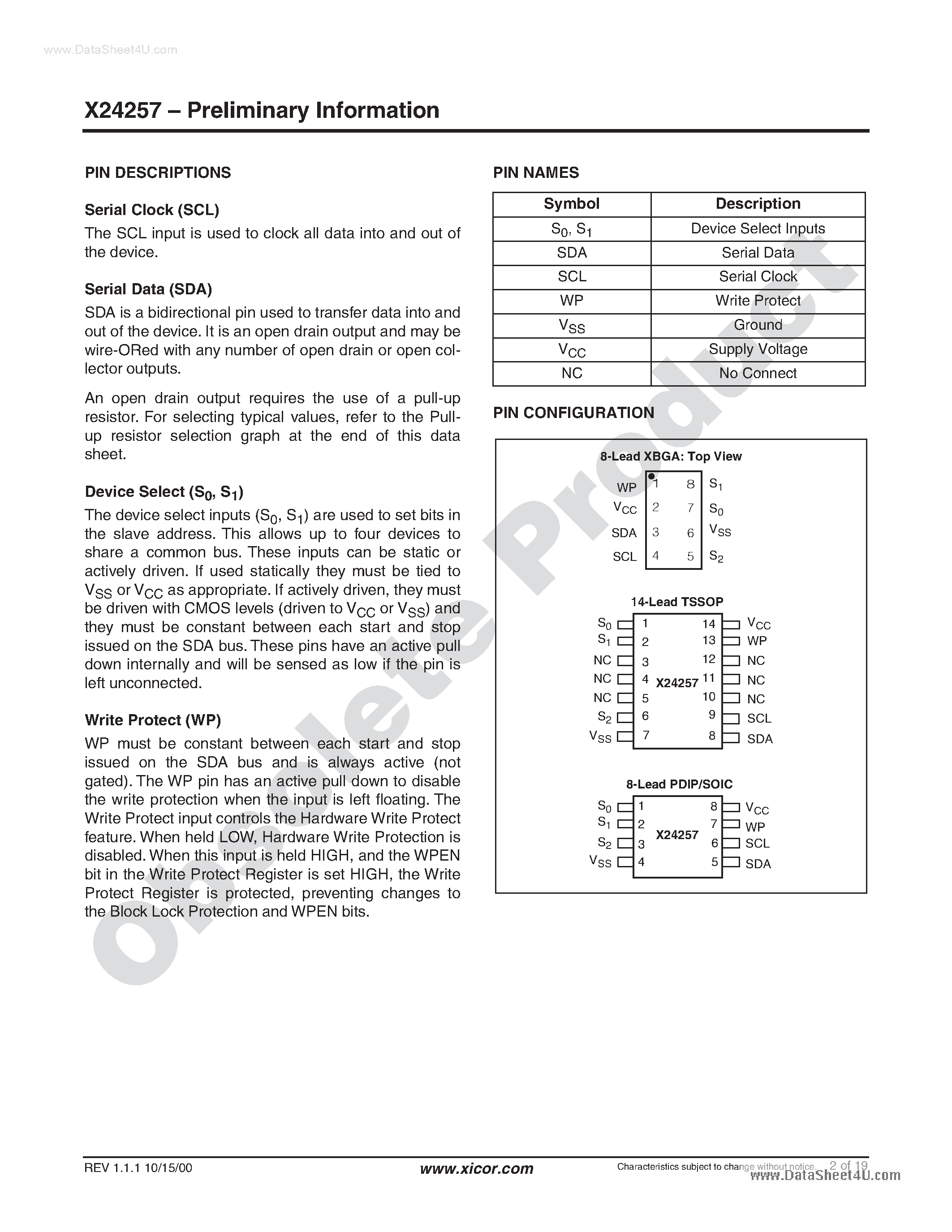 Datasheet X24257 - 400kHz 2-Wire Serial EEPROM page 2