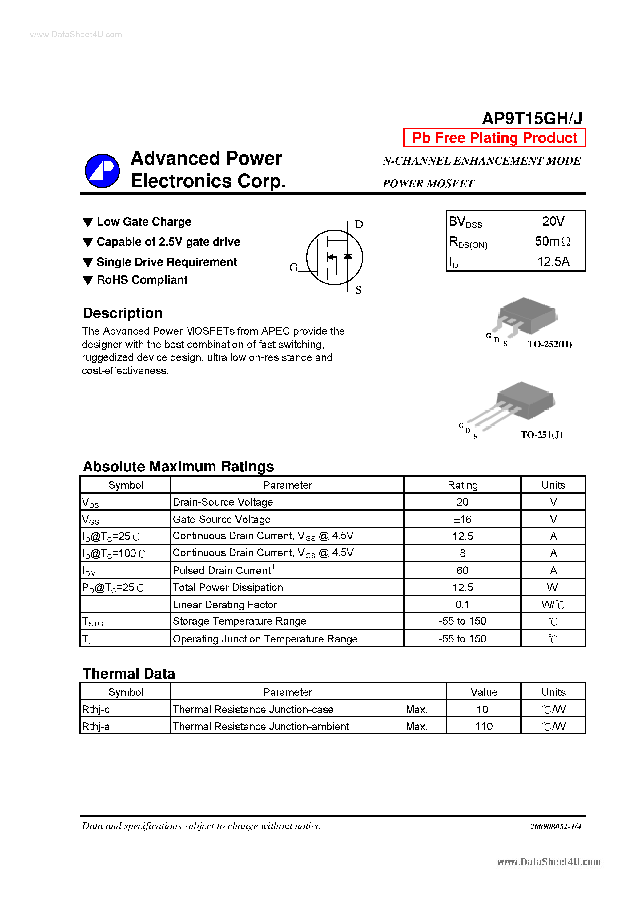 Datasheet AP9T15GH - N-CHANNEL ENHANCEMENT MODE POWER MOSFET page 1