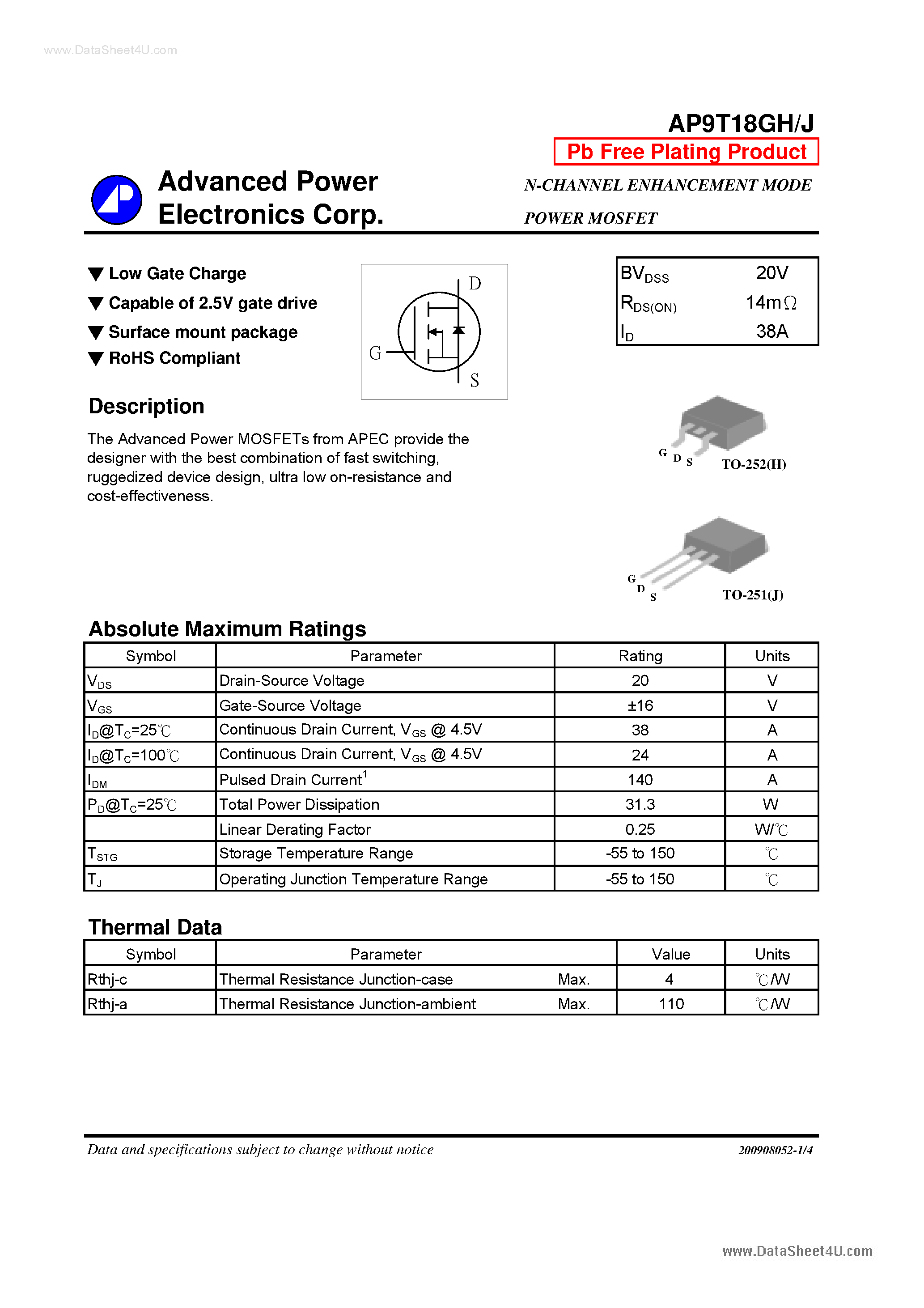 Datasheet AP9T18GH - N-CHANNEL ENHANCEMENT MODE POWER MOSFET page 1