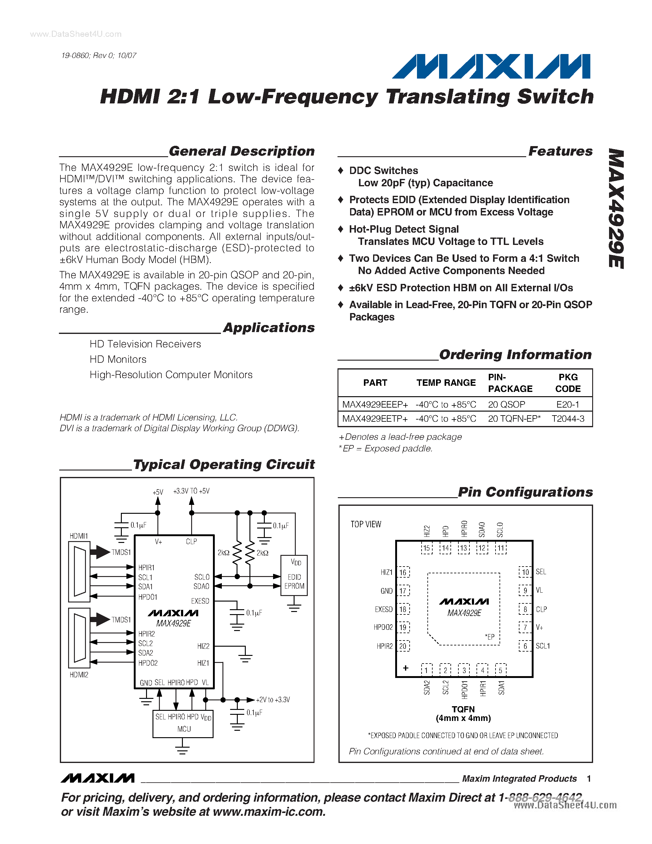 Datasheet MAX4929E - HDMI 2:1 Low-Frequency Translating Switch page 1
