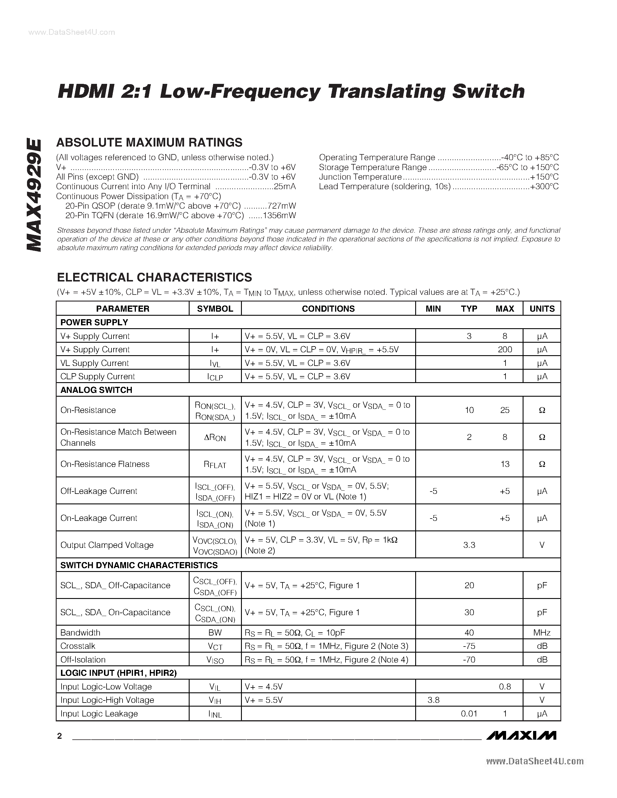 Datasheet MAX4929E - HDMI 2:1 Low-Frequency Translating Switch page 2
