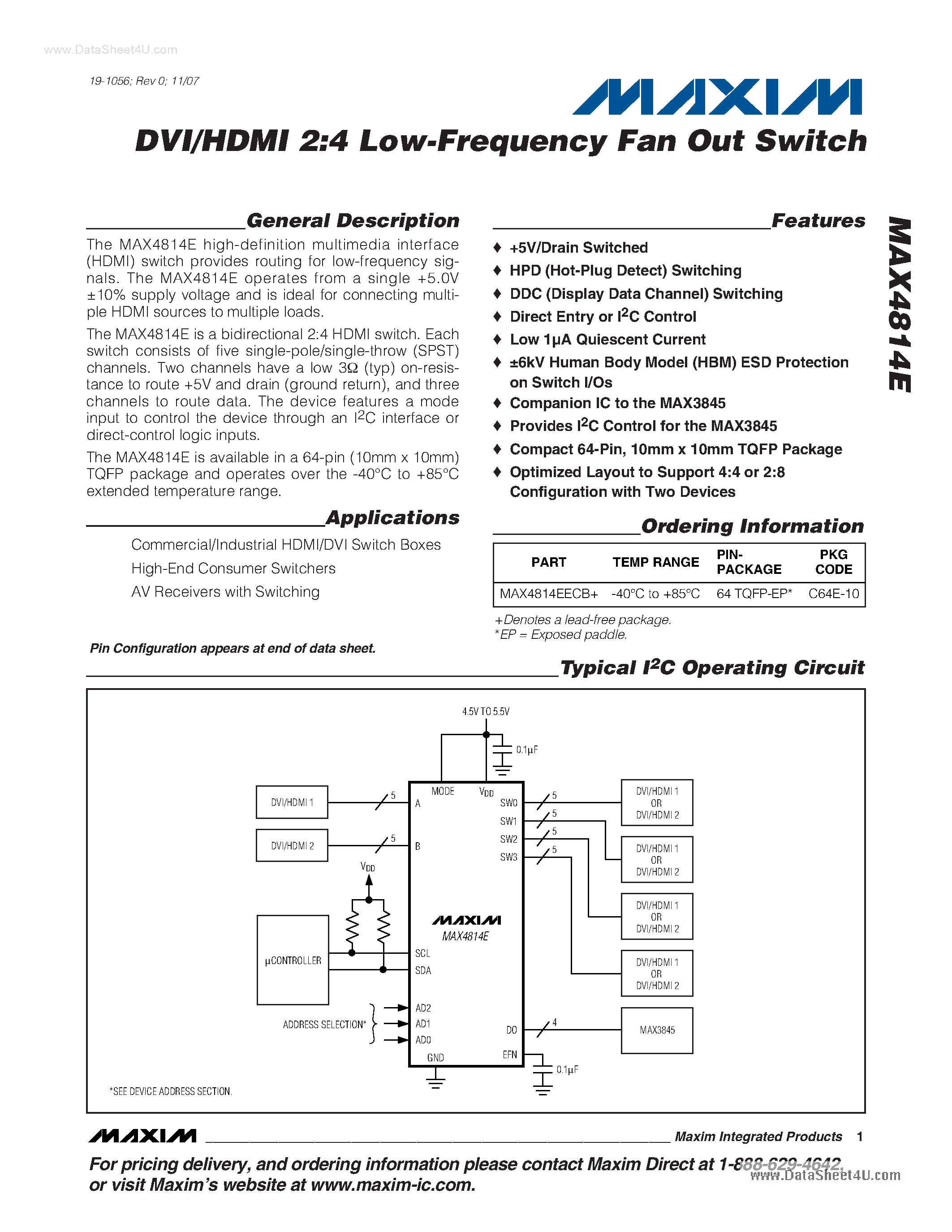 Datasheet MAX4814E - DVI/HDMI 2:4 Low-Frequency Fan Out Switch page 1