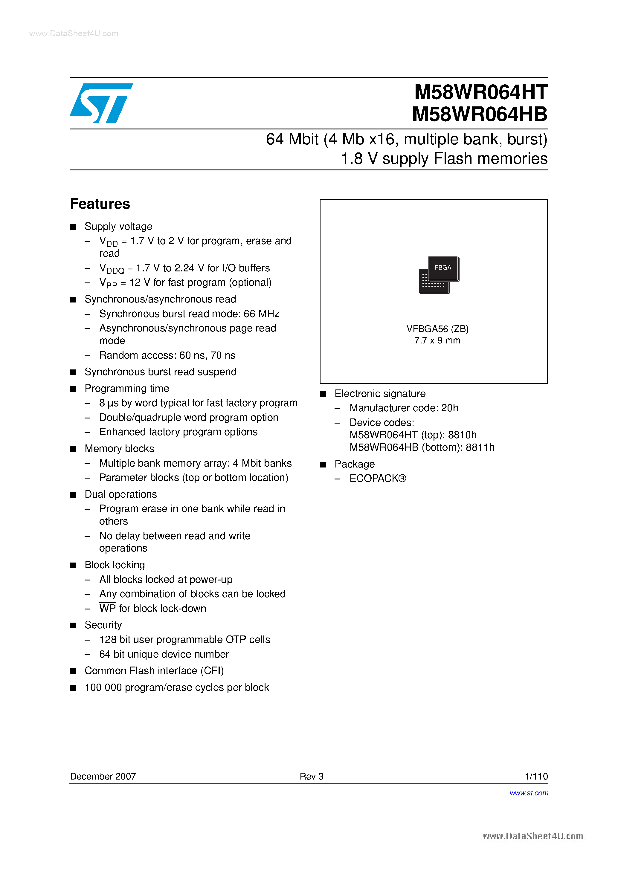 Даташит M58WR064HB - 1.8 V supply Flash memories страница 1