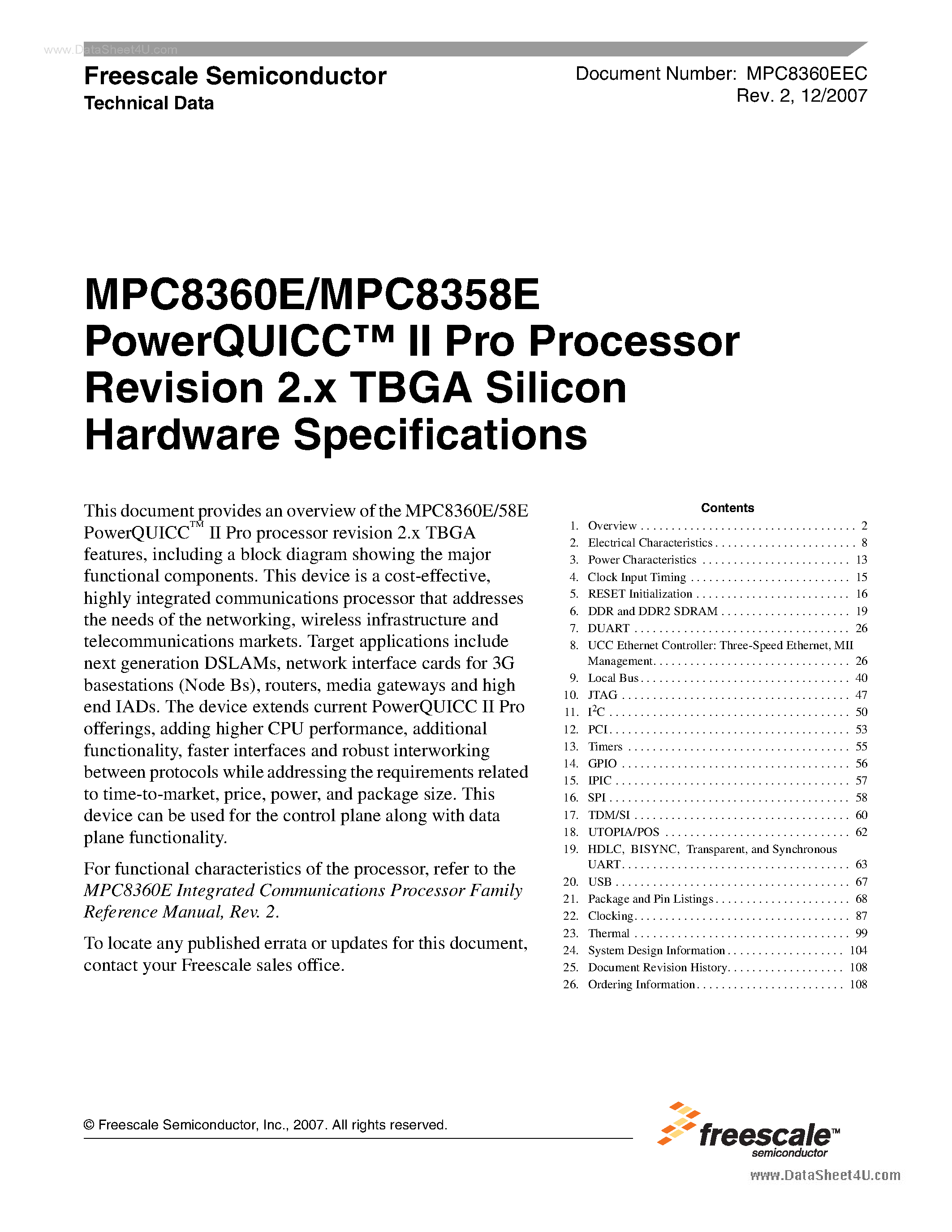 Datasheet MPC8358E - (MPC8358E / MPC8360E) PowerQUICC II Pro Processor Revision 2.x TBGA Silicon Hardware Specifications page 1