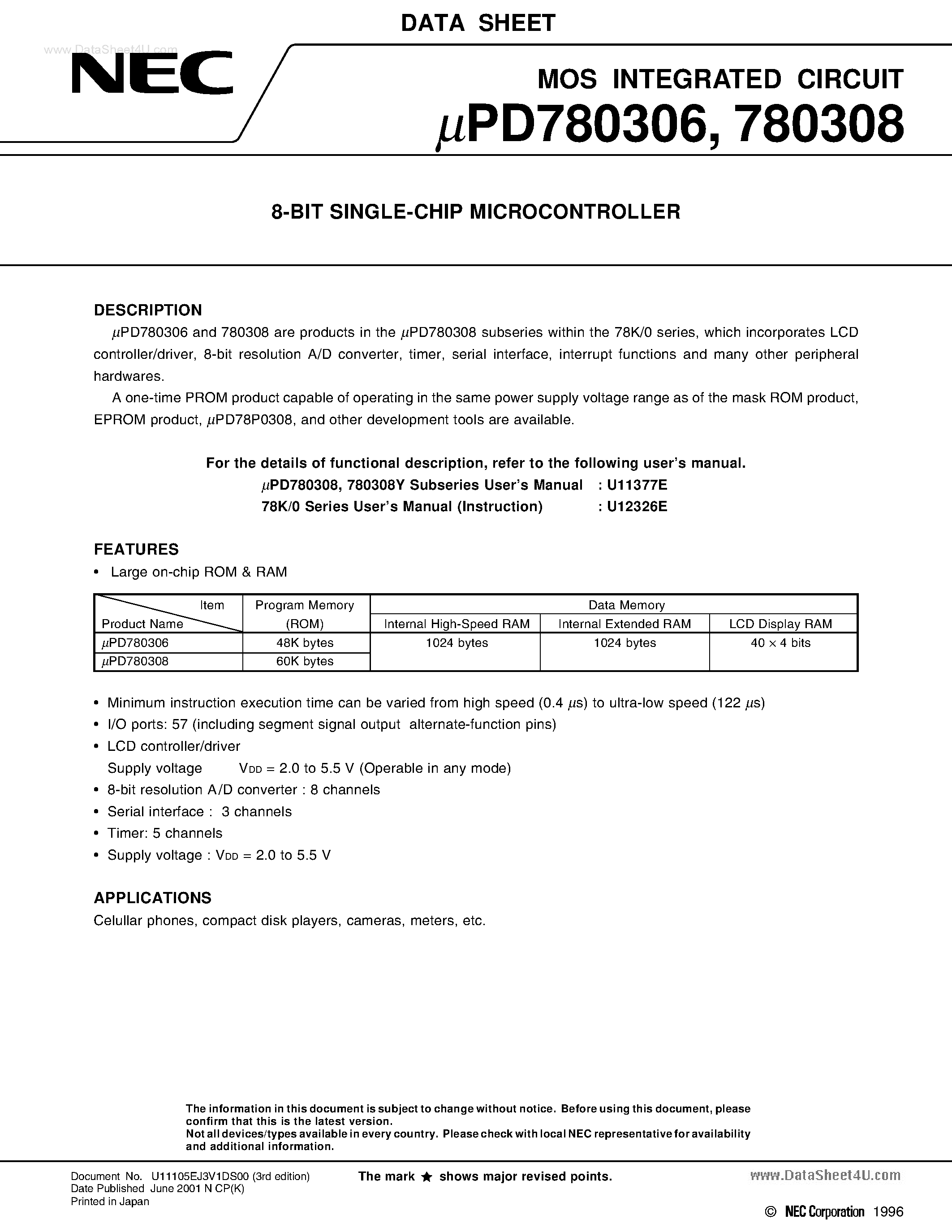 Даташит UPD780306 - (UPD780306 / UPD780308) 8-Bit Single-Chip Microcontroller страница 1