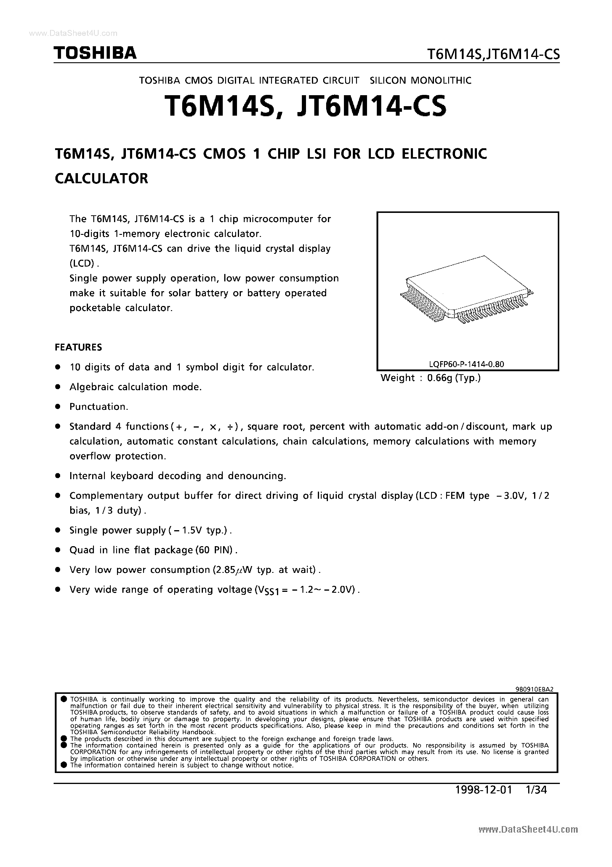 Datasheet T6M14S - CMOS 1 CHIP LSI page 1