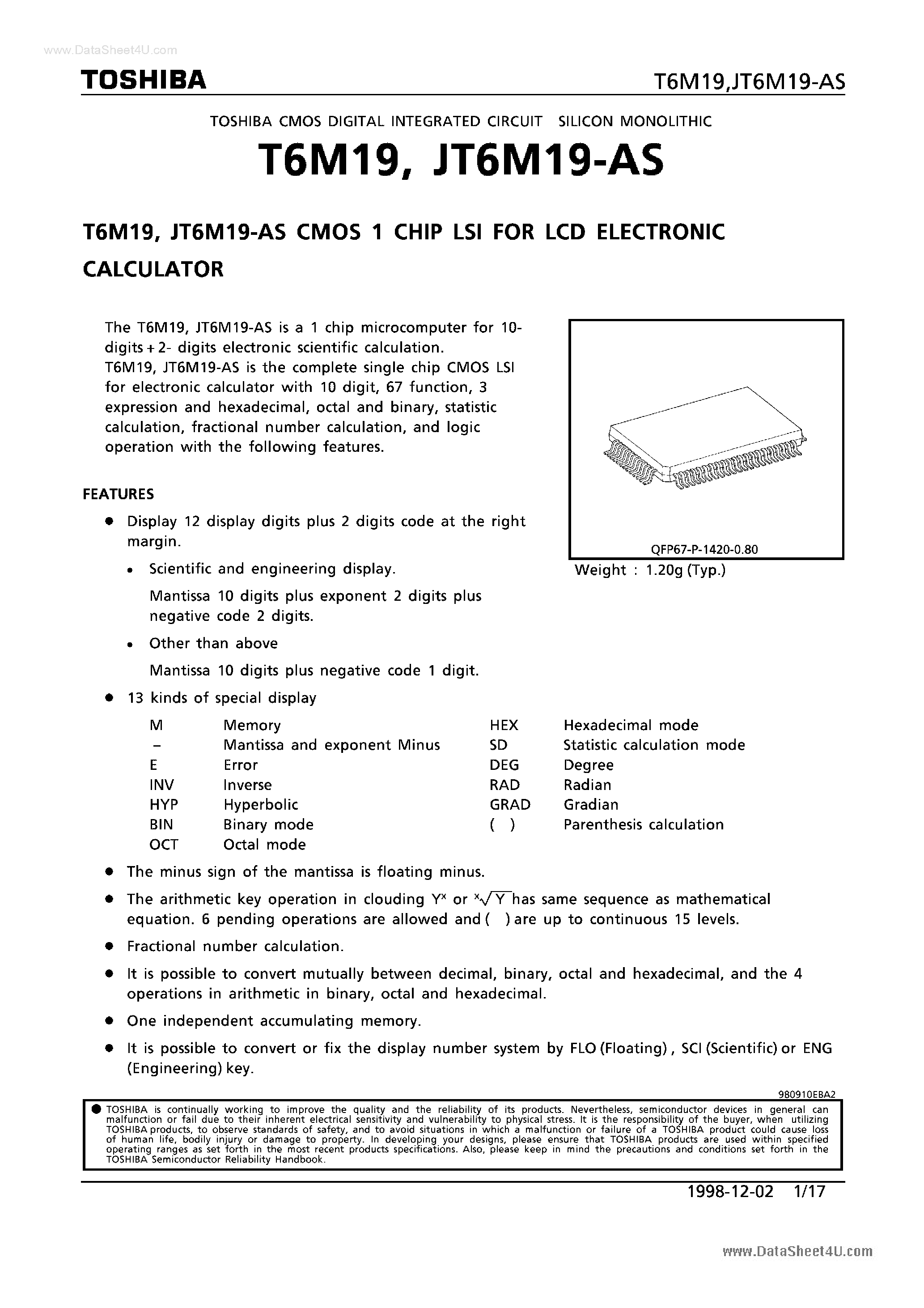 Datasheet T6M19 - CMOS 1 CHIP LSI page 1