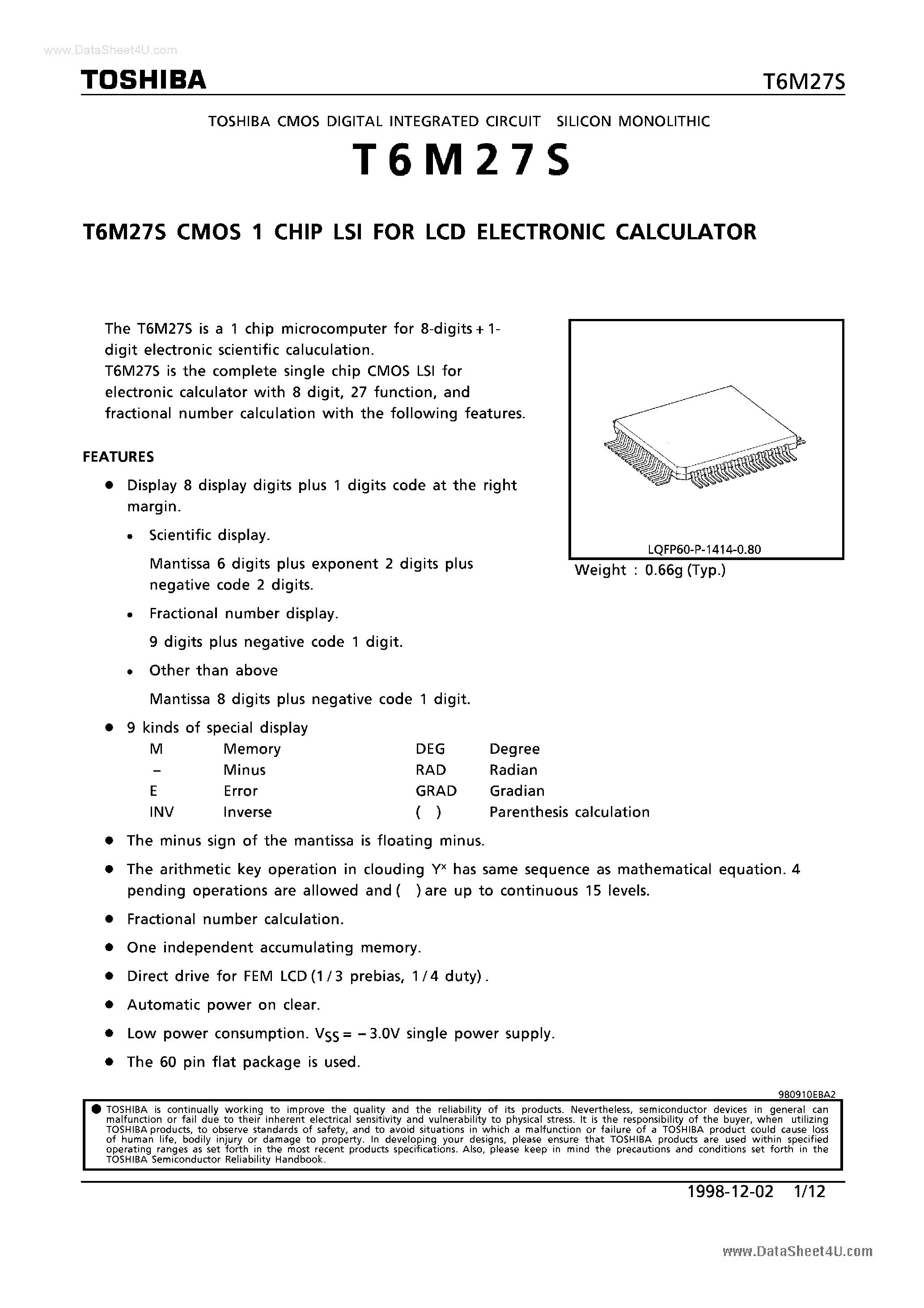 Datasheet T6M27S - CMOS 1 CHIP LSI page 1