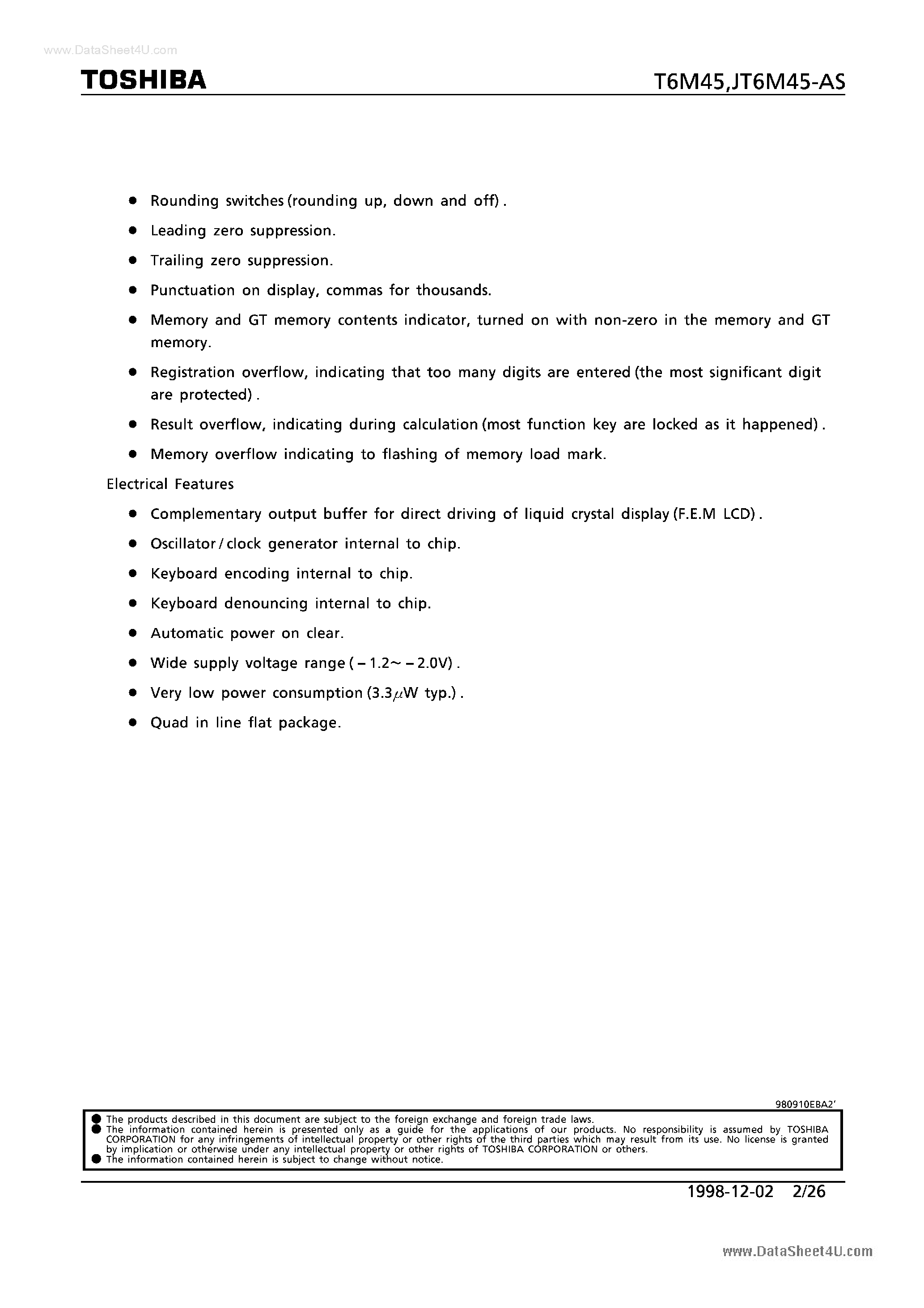 Datasheet T6M45 - CMOS 1 CHIP LSI page 2