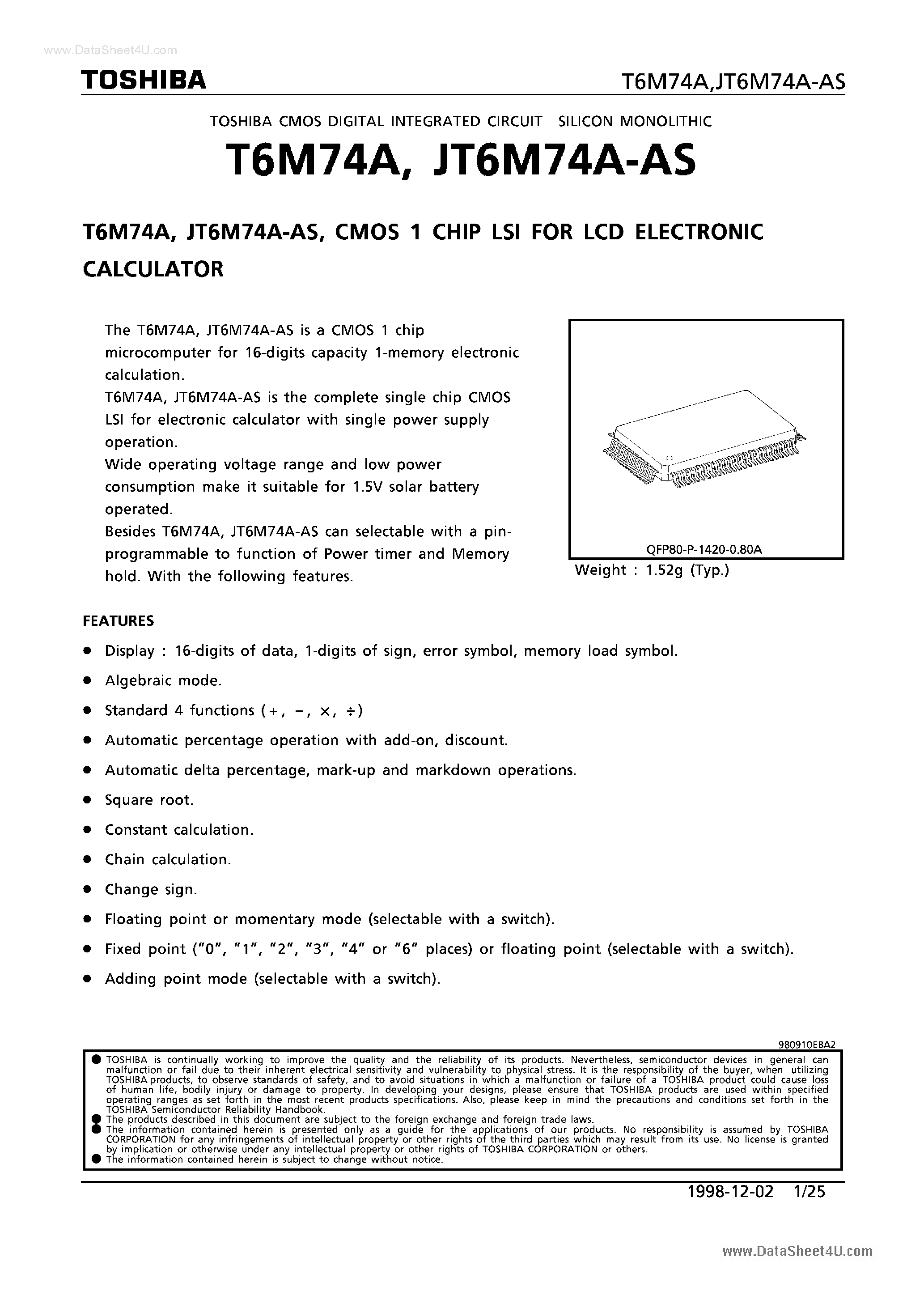 Datasheet T6M74A - CMOS 1 CHIP LSI page 1