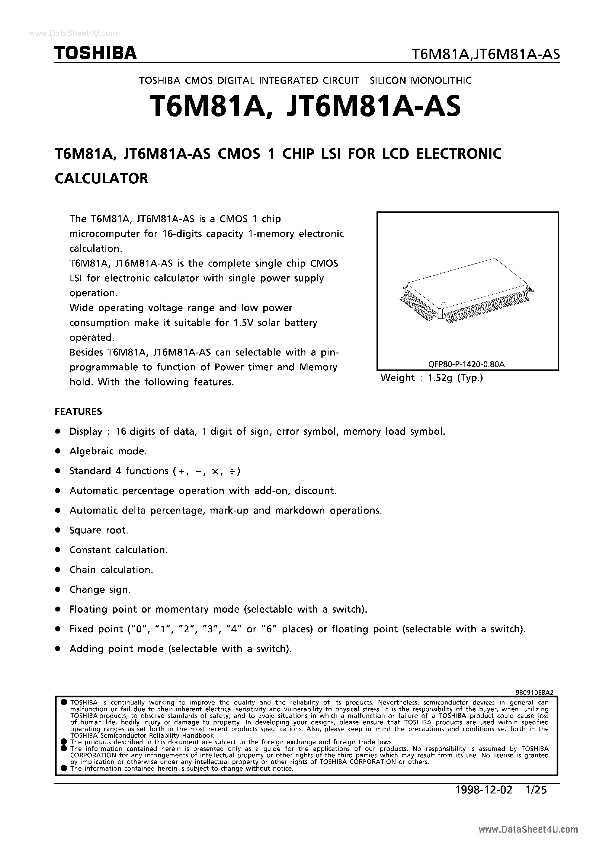 Datasheet T6M81A - CMOS 1 CHIP LSI page 1
