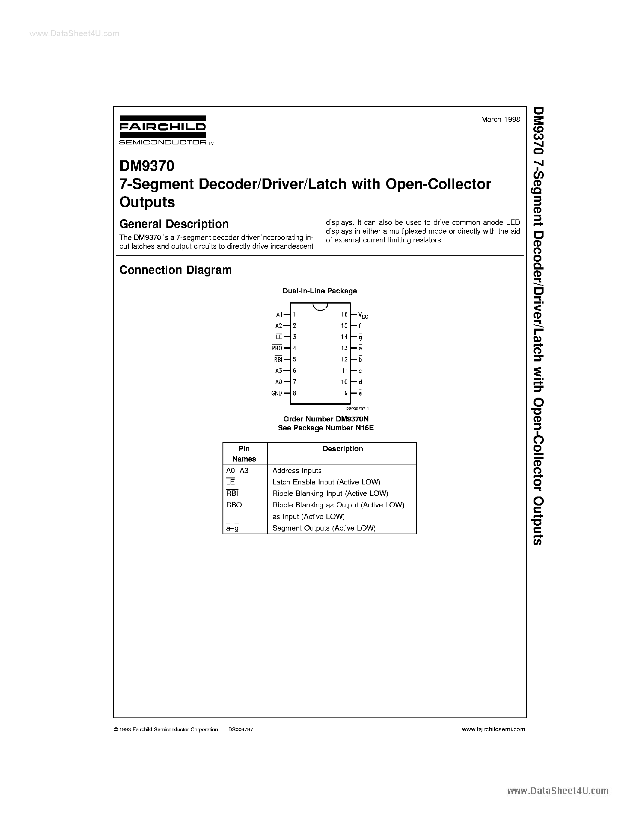 Datasheet 9370PC - 7-Segment Decoder/Driver/Latch page 1