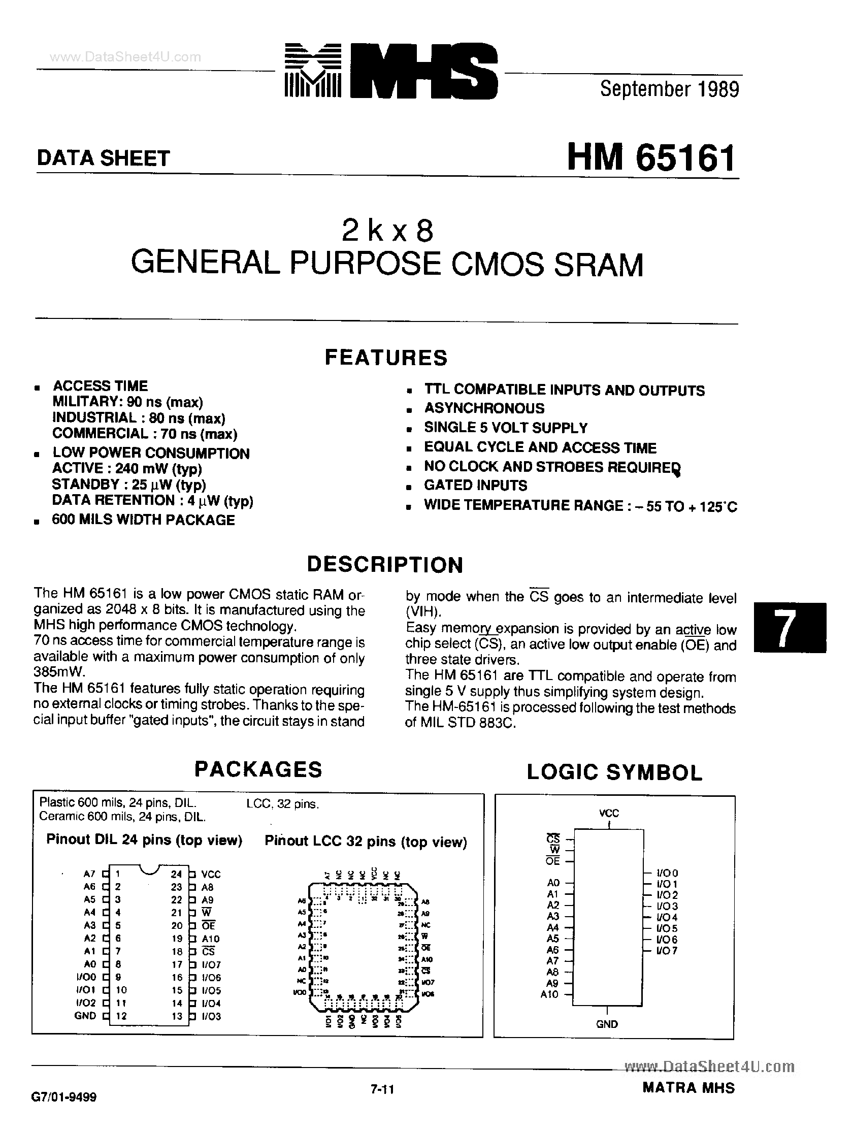 Даташит на микросхему HM1-65161 страница 1 Даташит HM1-65161 - 2K X 8 General Purpose CMOS SRAM страница 1