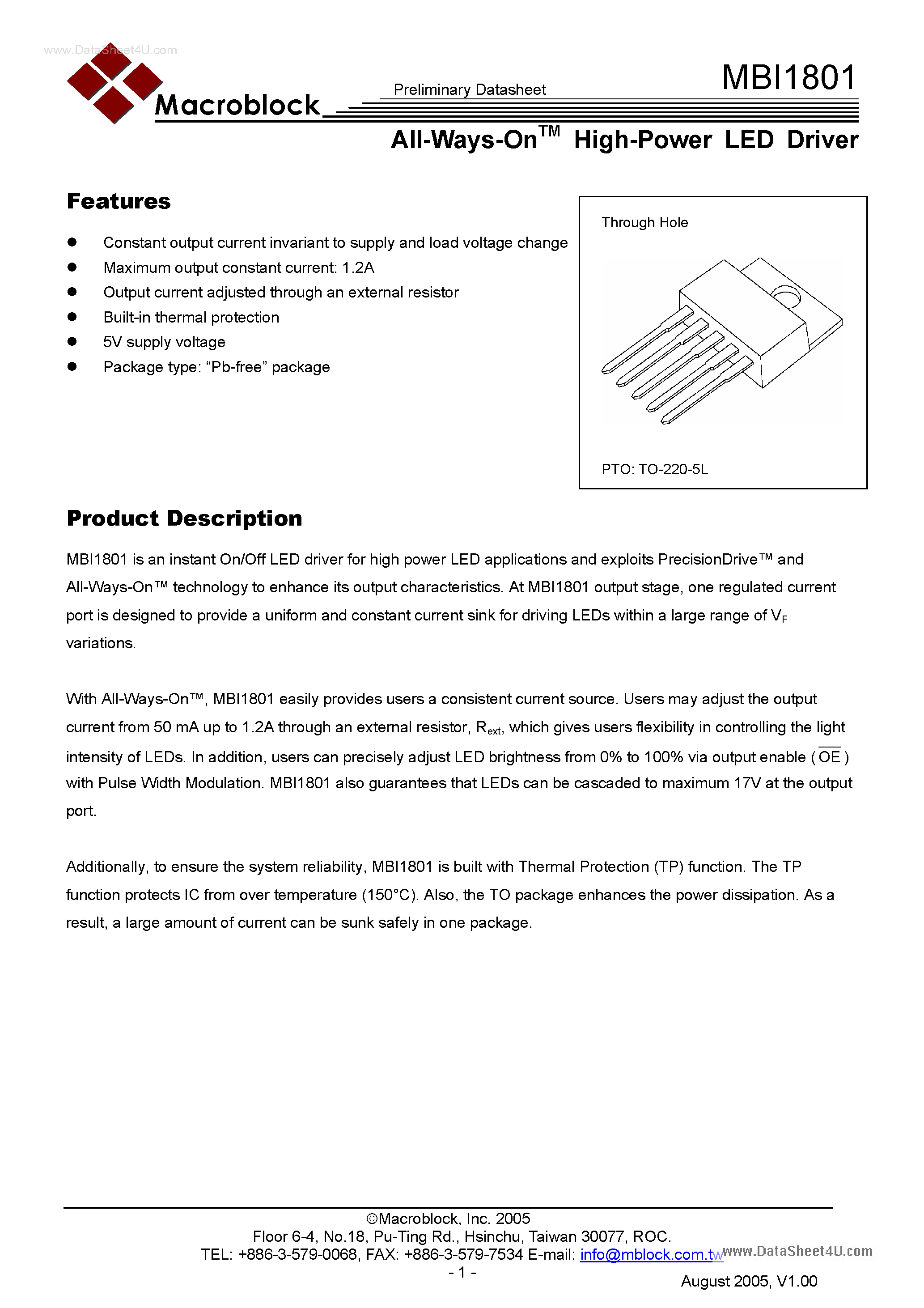 Даташит на микросхему MBI1801 страница 1 Даташит MBI1801 - High Power LED Driver страница 1