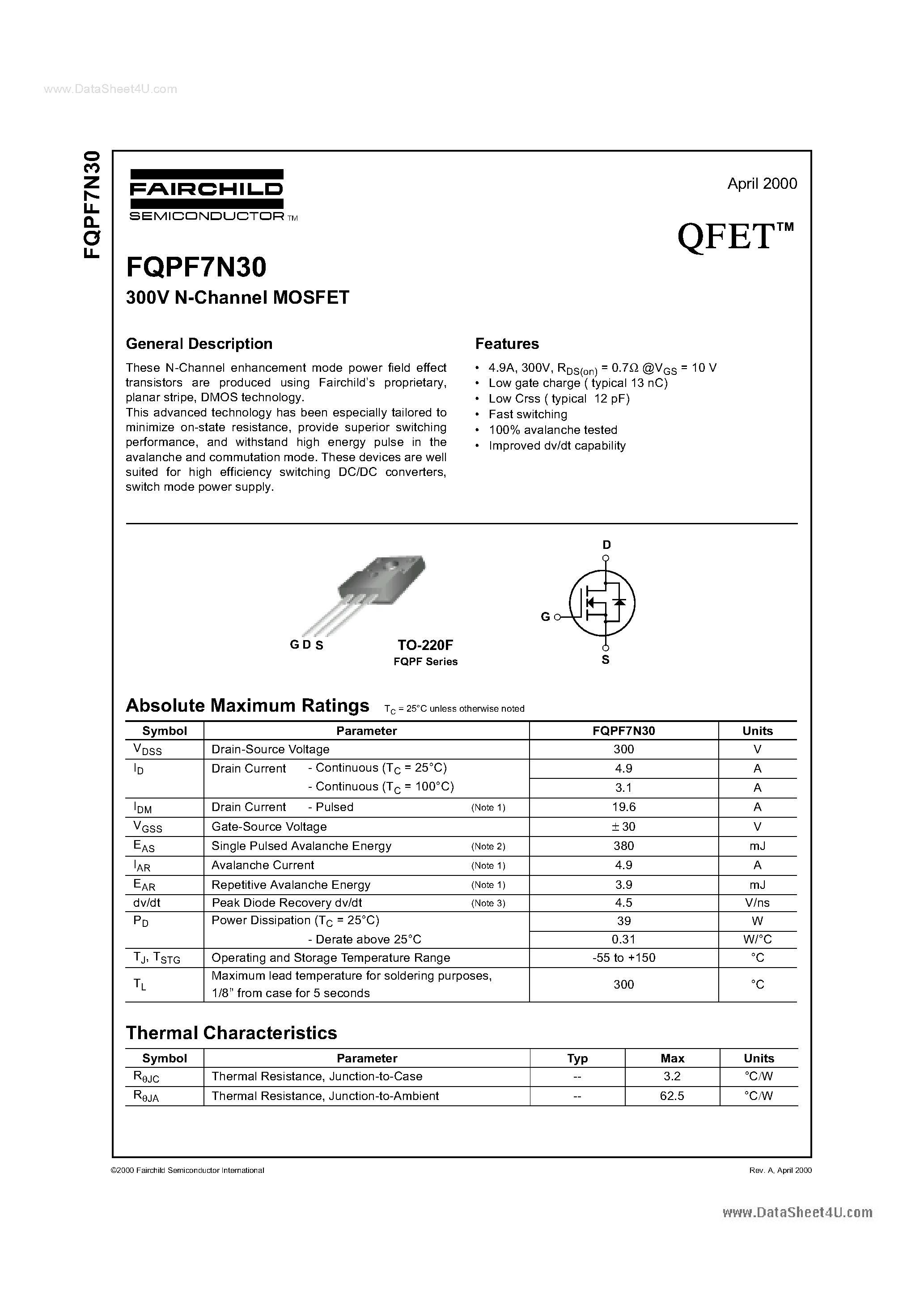 Datasheet FQPF7N30 - 300V N-channel QFET page 1