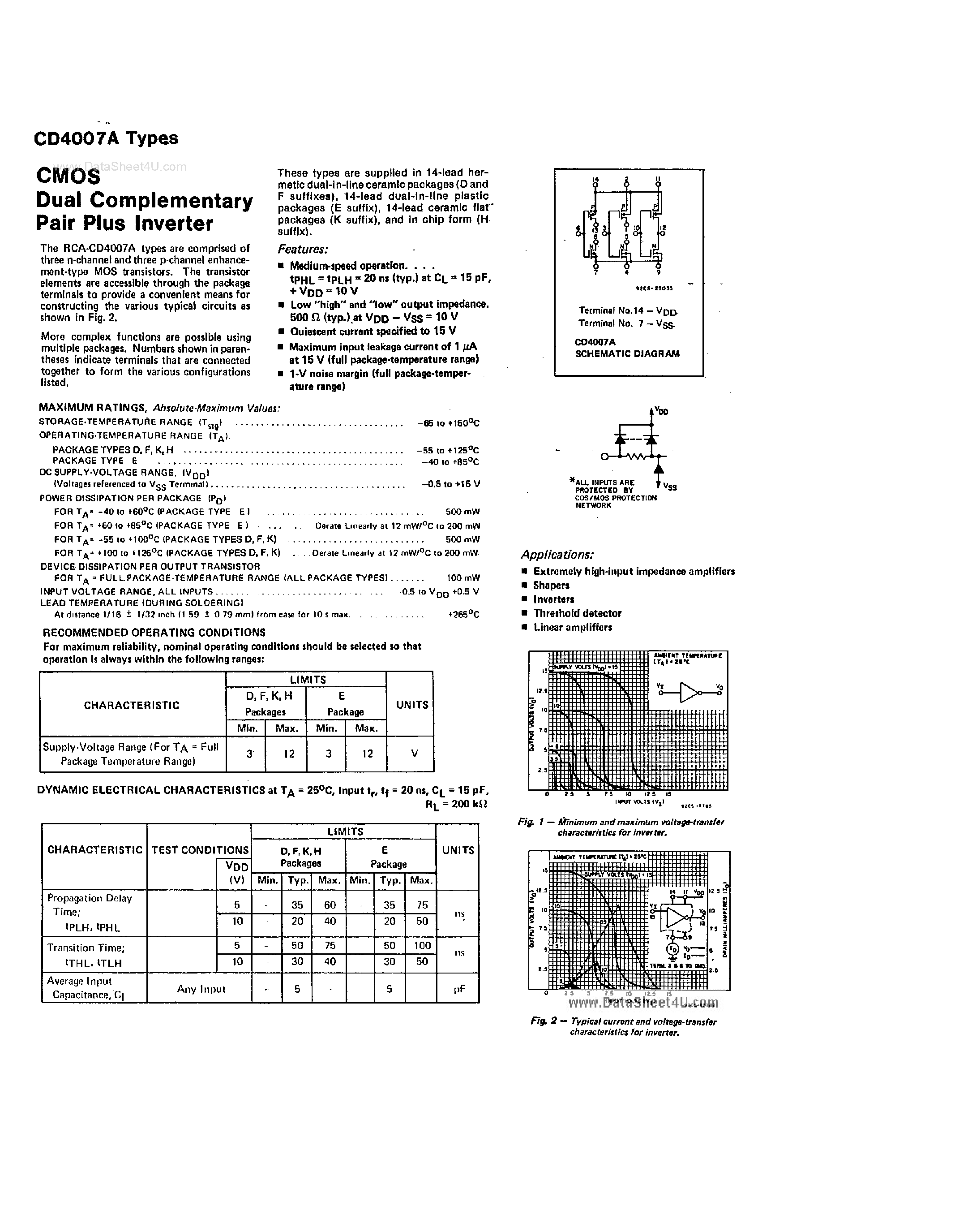 Datasheet CD4007A page 1 Datasheet CD4007A - CMOS Dual Complementary Pair Plus Inverter page 1