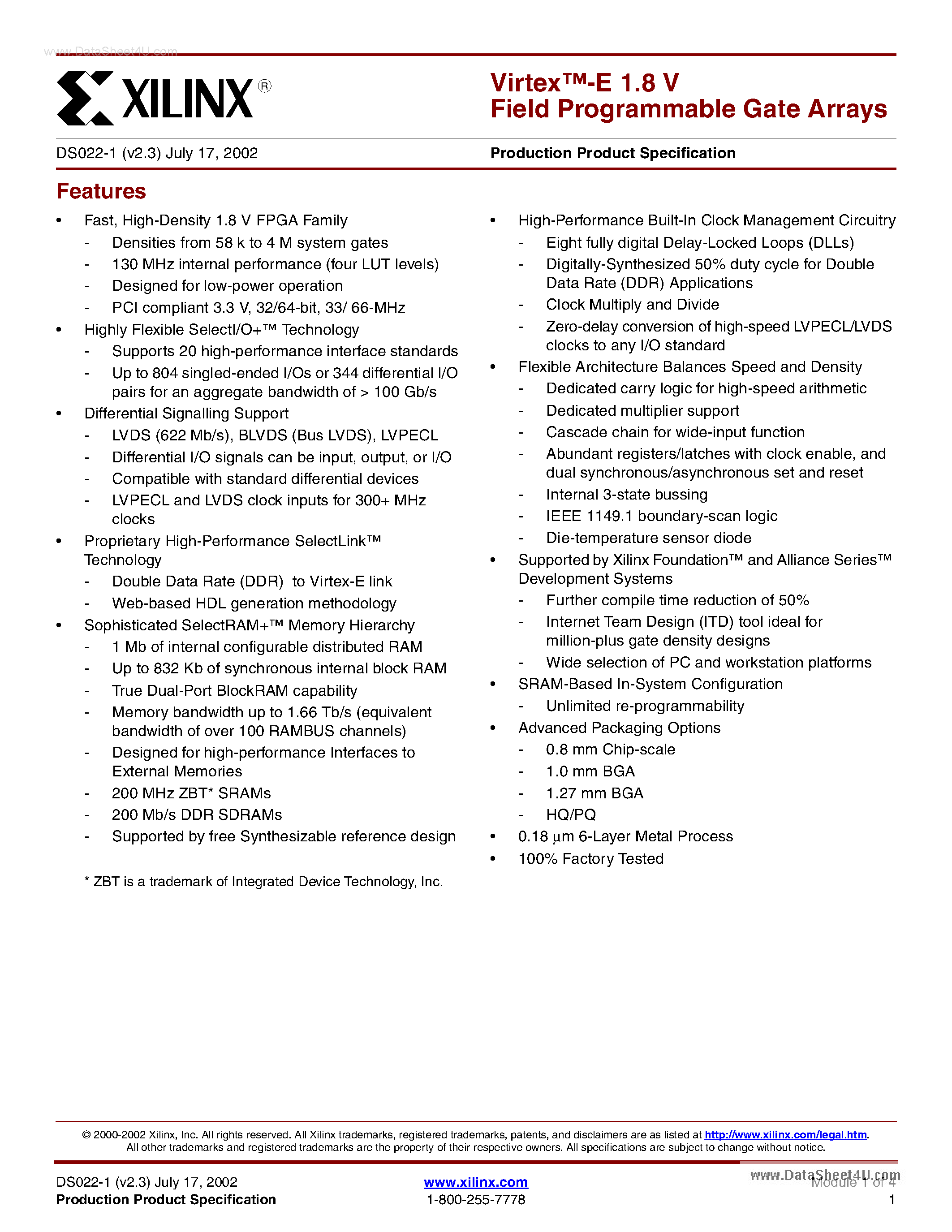 Datasheet XCV50E page 1 Datasheet XCV50E - Virtex-e Field Programmable Gate Array page 1