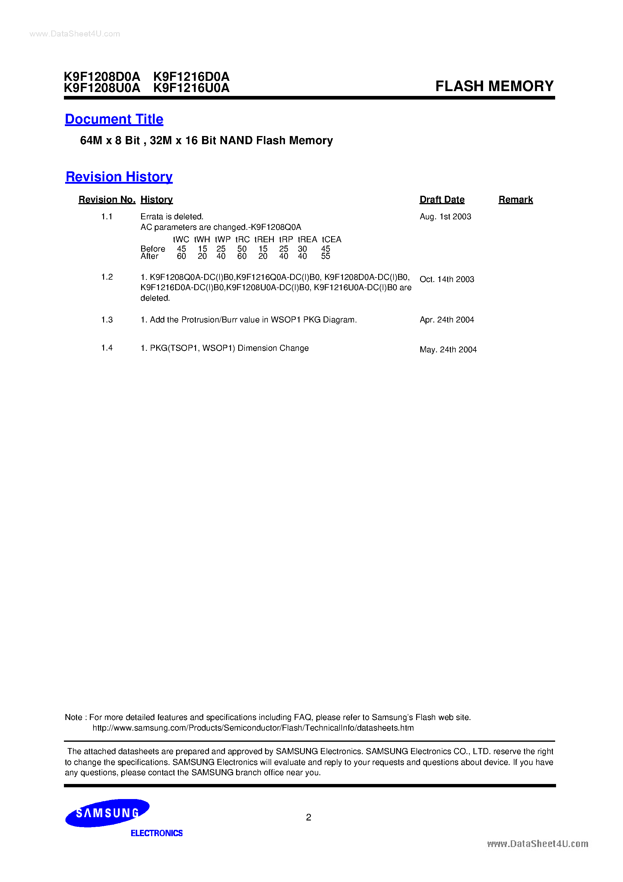 Datasheet K9F1208D0A - (K9F1208x0A / K9F1216x0A) 64M x 8 Bit / 32M x 16 Bit NAND Flash Memory page 2