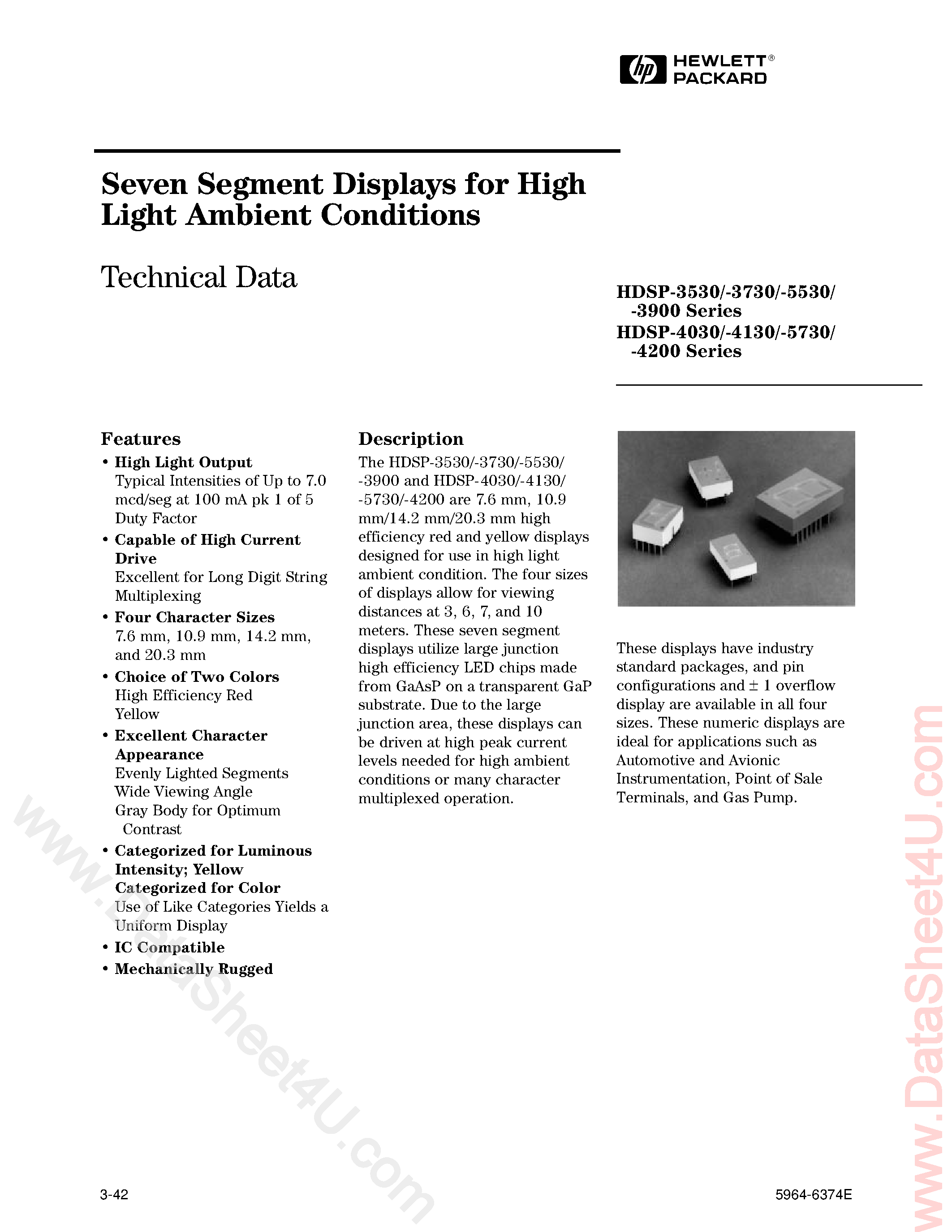 Datasheet HDSP-3530 - (HDSP-xxxx) 7-Segment Displays page 1