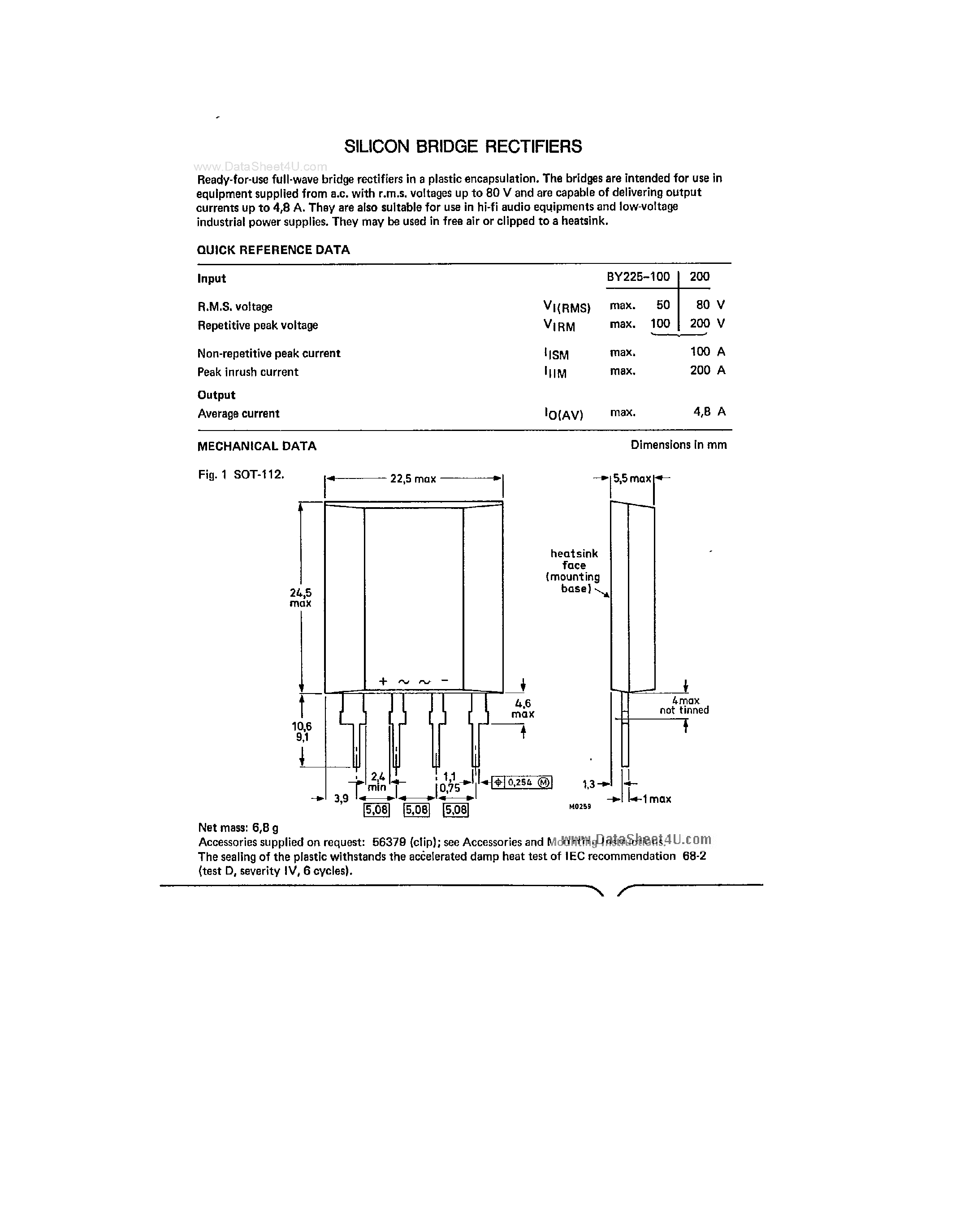 Datasheet BY225 - Silicon Bridge Rectifiers page 1