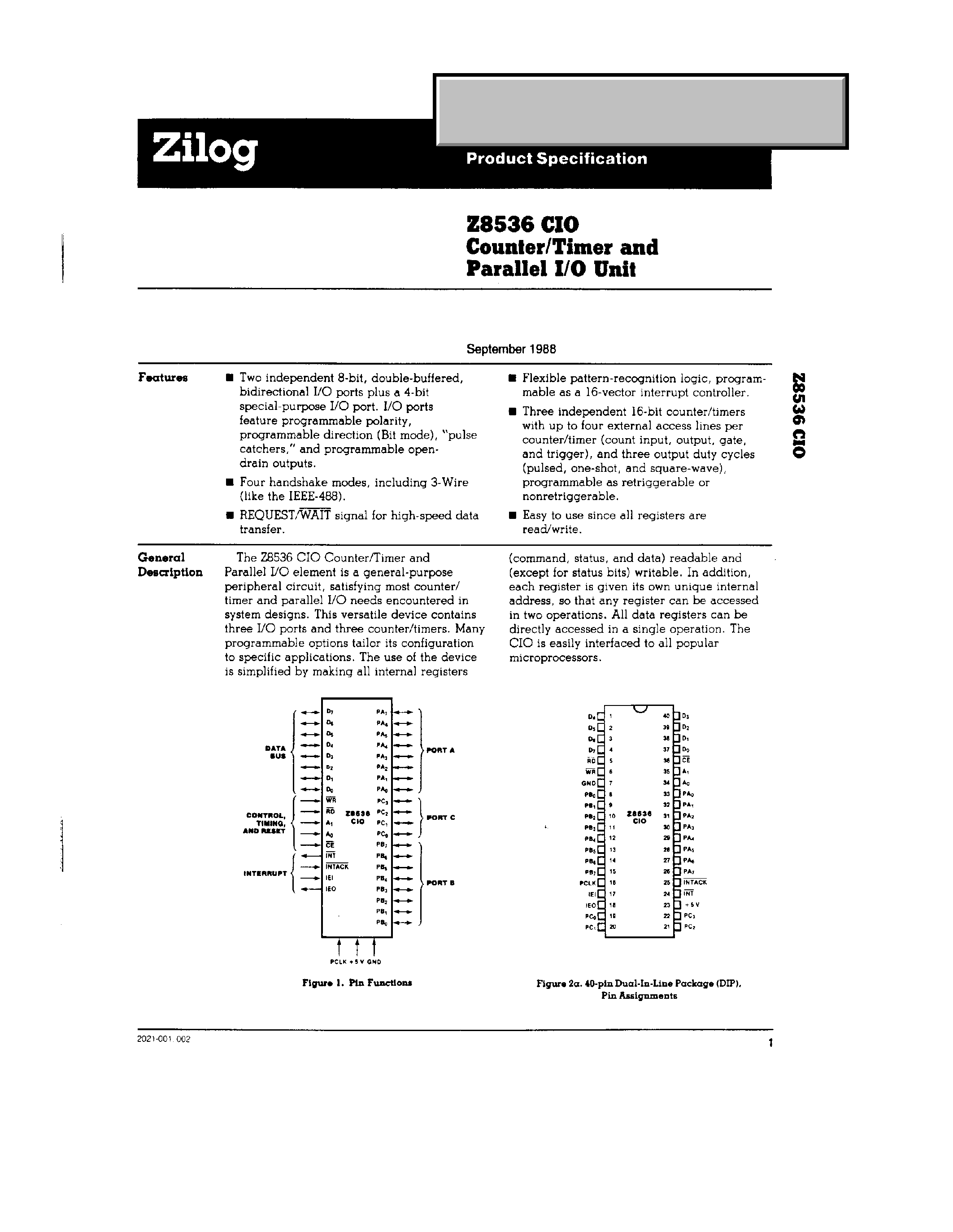 Datasheet Z08536 page 1 Datasheet Z08536 - Counter / Timer and Parallel I/O Unit page 1