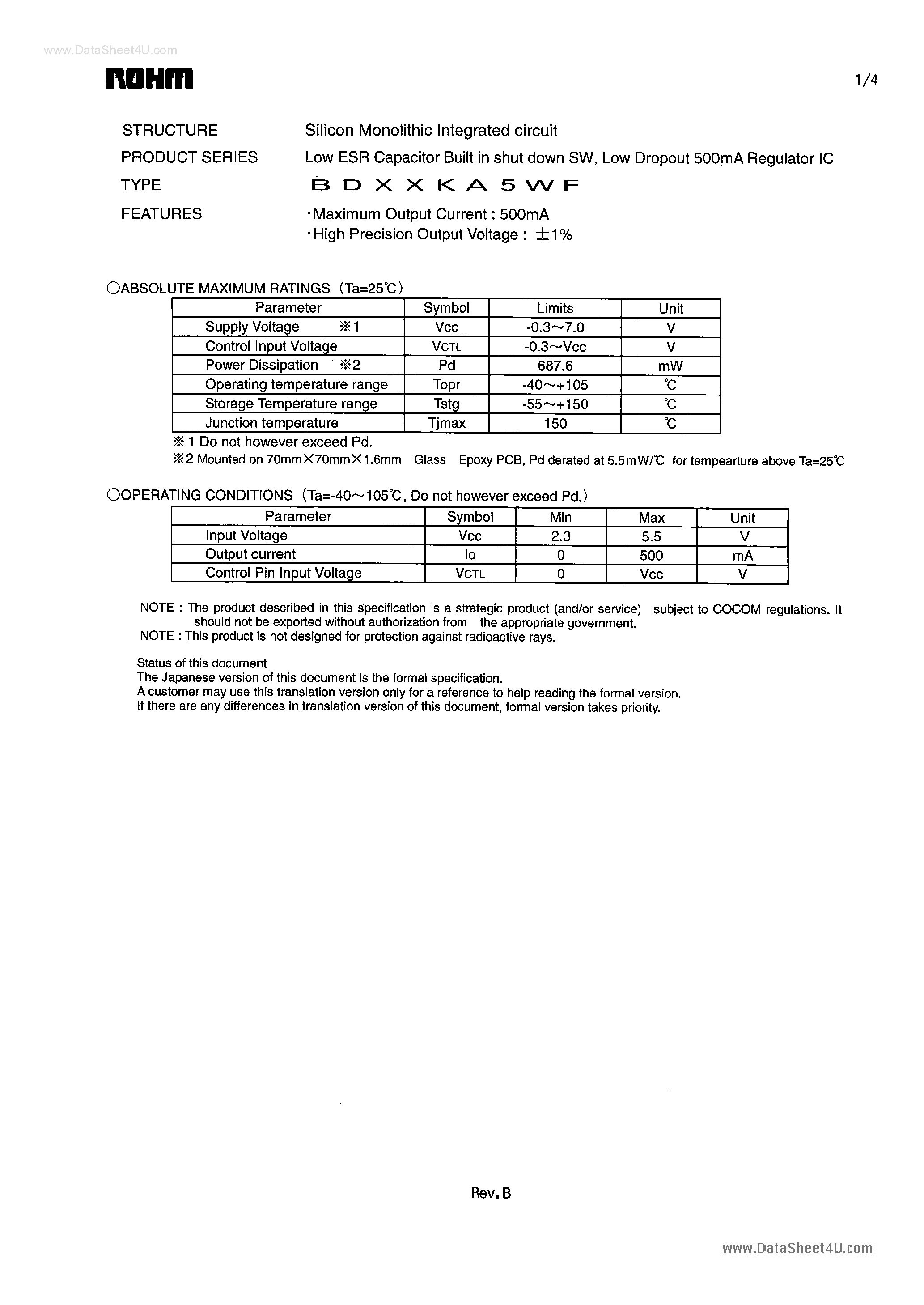 Datasheet BD10KA5WF page 1 Datasheet BD10KA5WF - Low ESR Capacitor Built in shut down SW page 1
