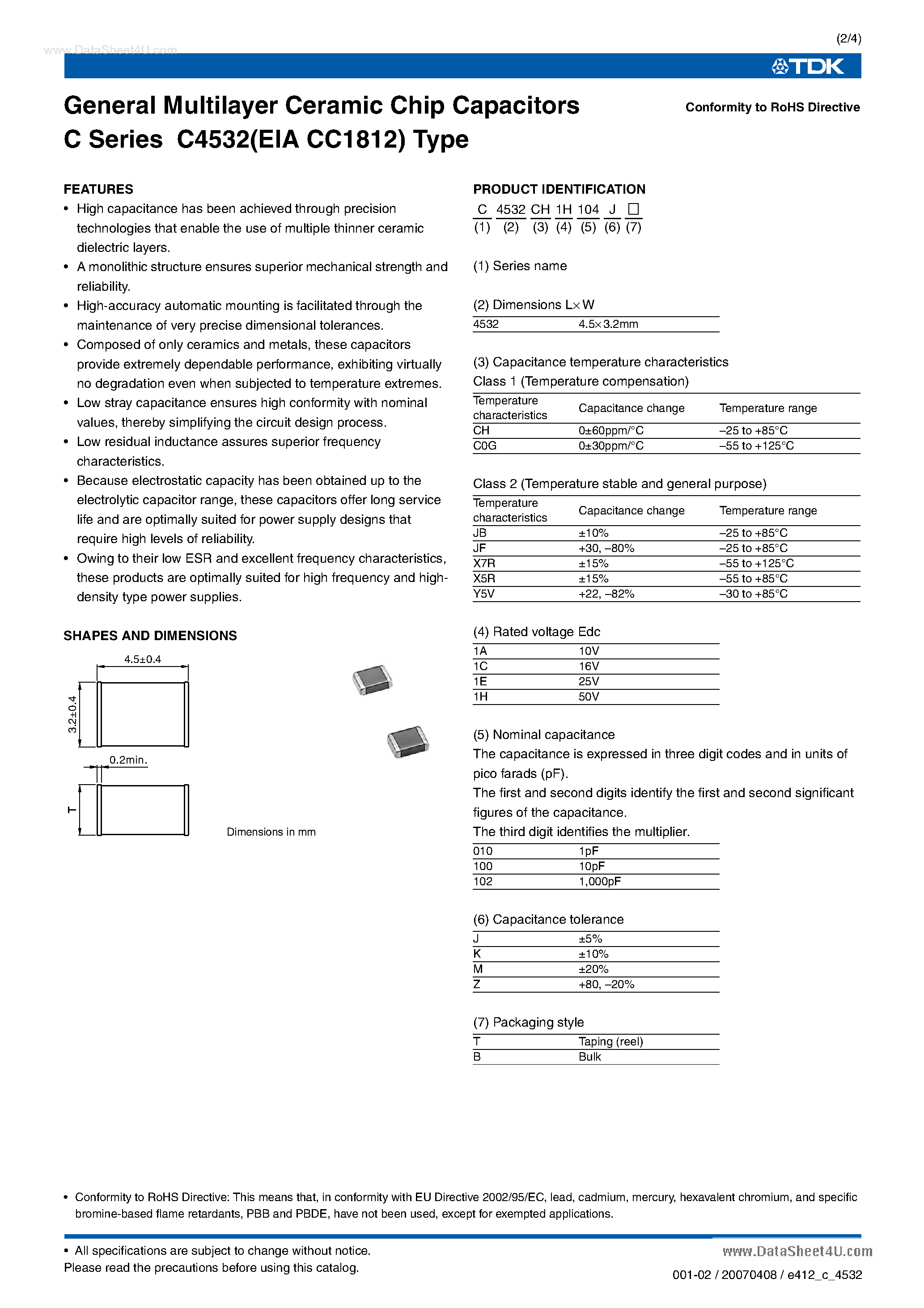 Datasheet C4532C0G1HxxxJ page 2 Datasheet C4532C0G1HxxxJ - General Multilayer Ceramic Chip Capacitors page 2