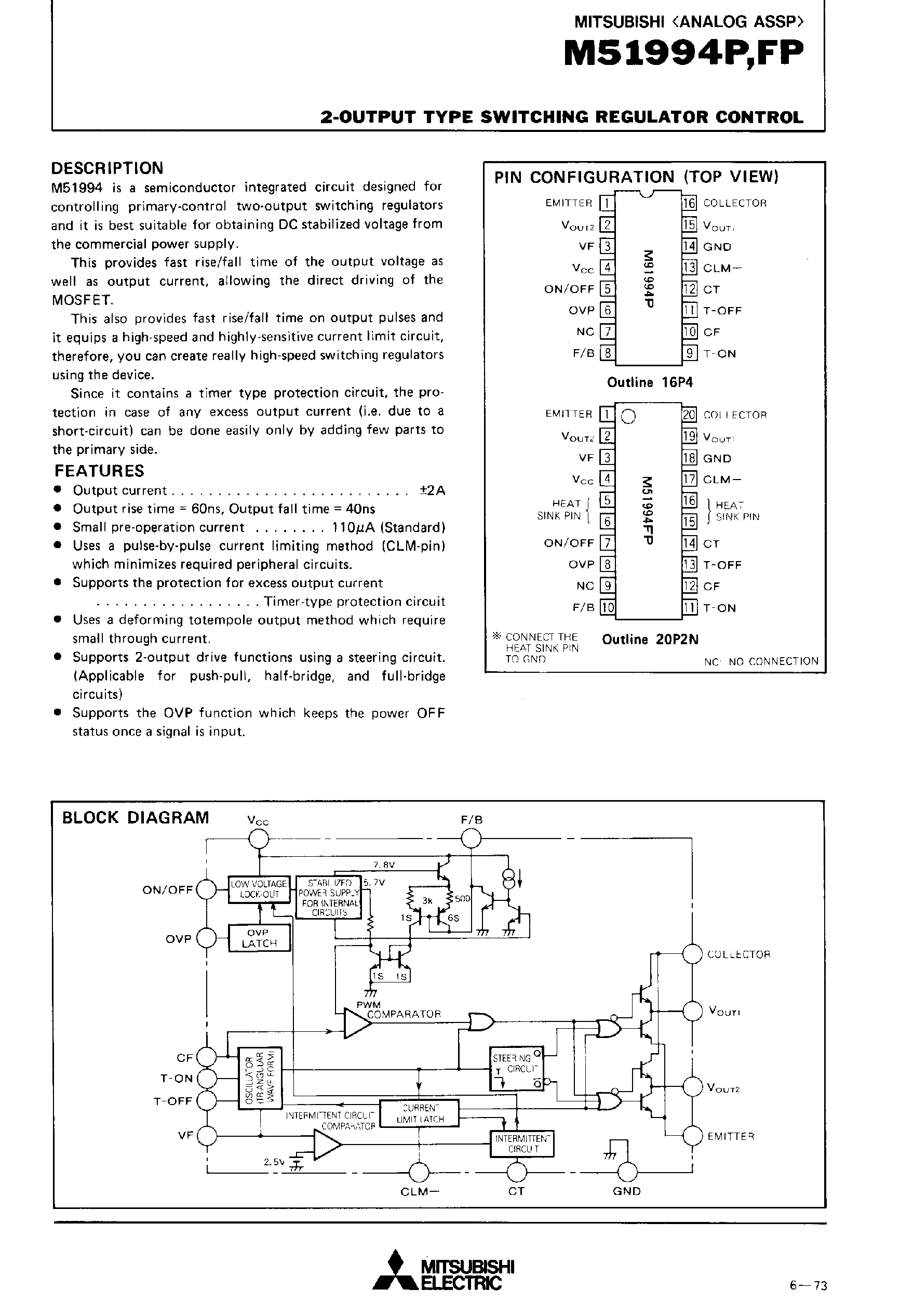 Даташит на микросхему M51994 страница 1 Даташит M51994 - 2 Output Type Switching Regulator Control страница 1