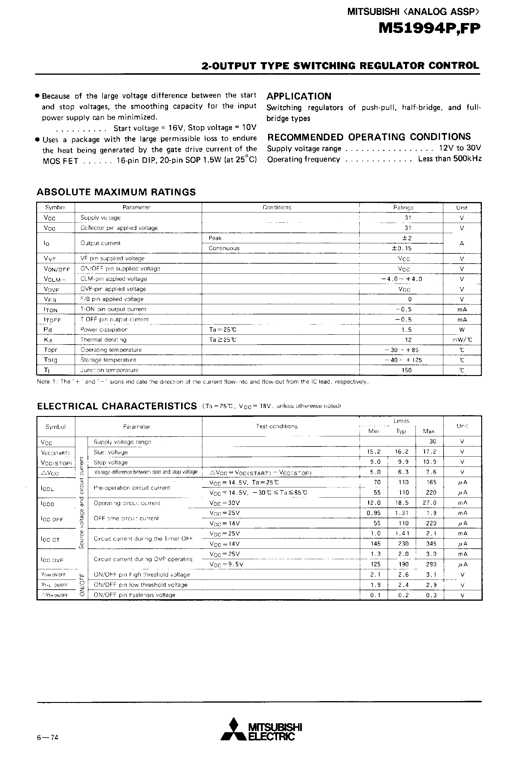 Даташит на микросхему M51994 страница 2 Даташит M51994 - 2 Output Type Switching Regulator Control страница 2