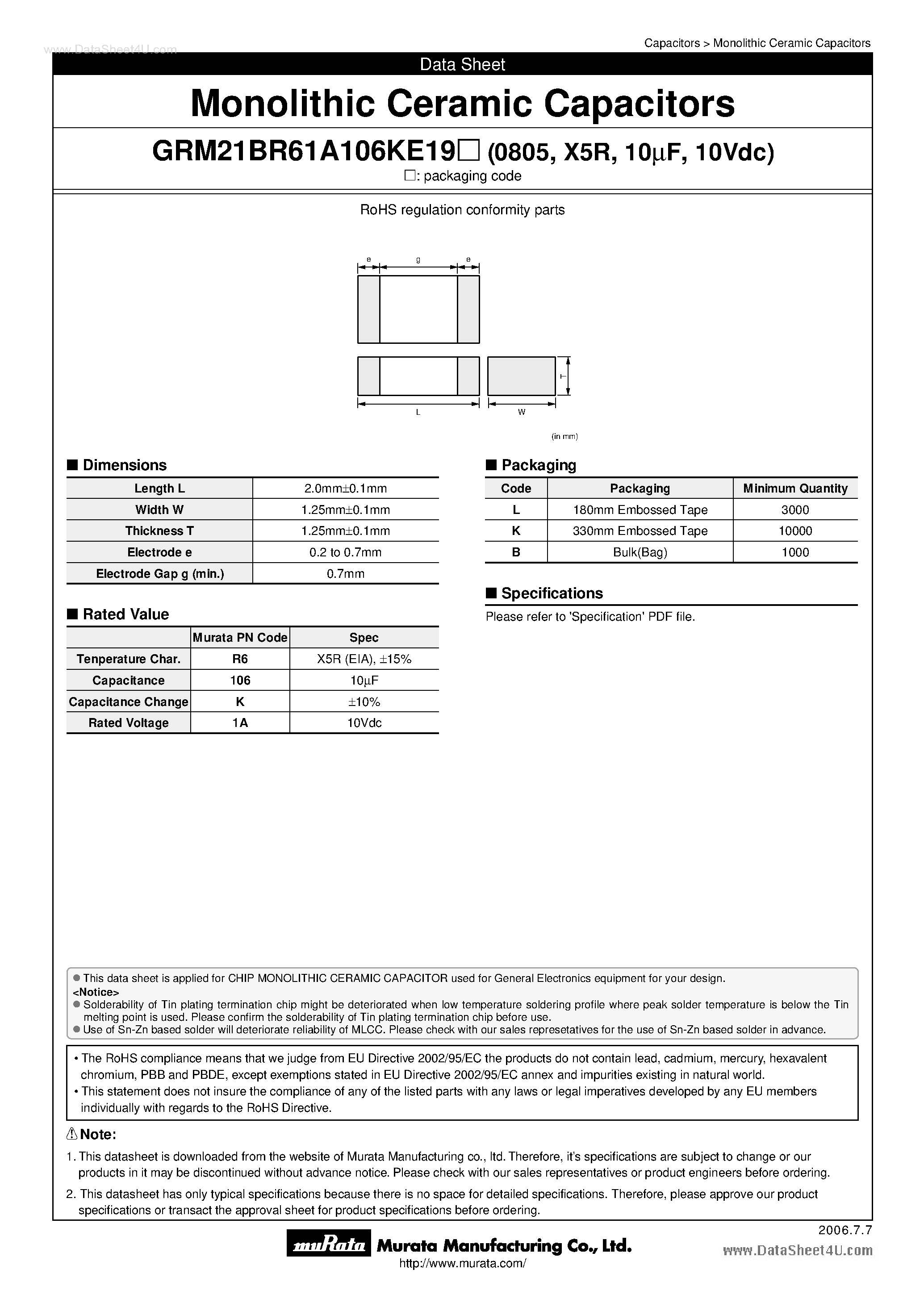 Datasheet GRM21BR61A106KE19K - (GRM21BR61A106KE19x) Chip Monolithic Ceramic Capacitors page 1