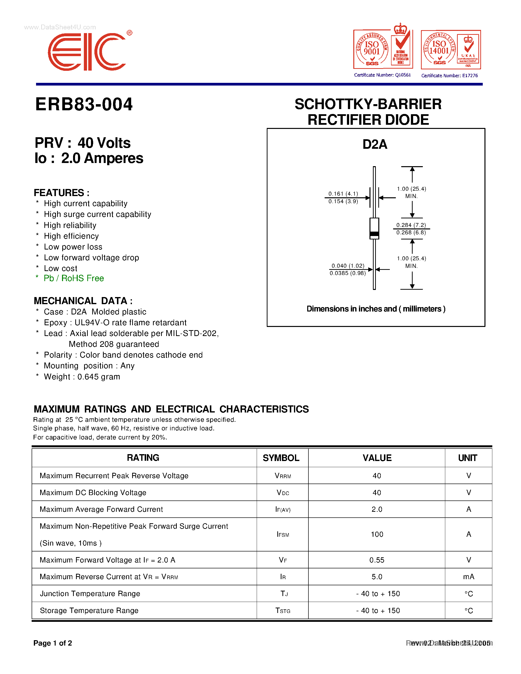 Datasheet ERB83-004 page 1 Datasheet ERB83-004 - SCHOTTKY-BARRIER RECTIFIER DIODES page 1