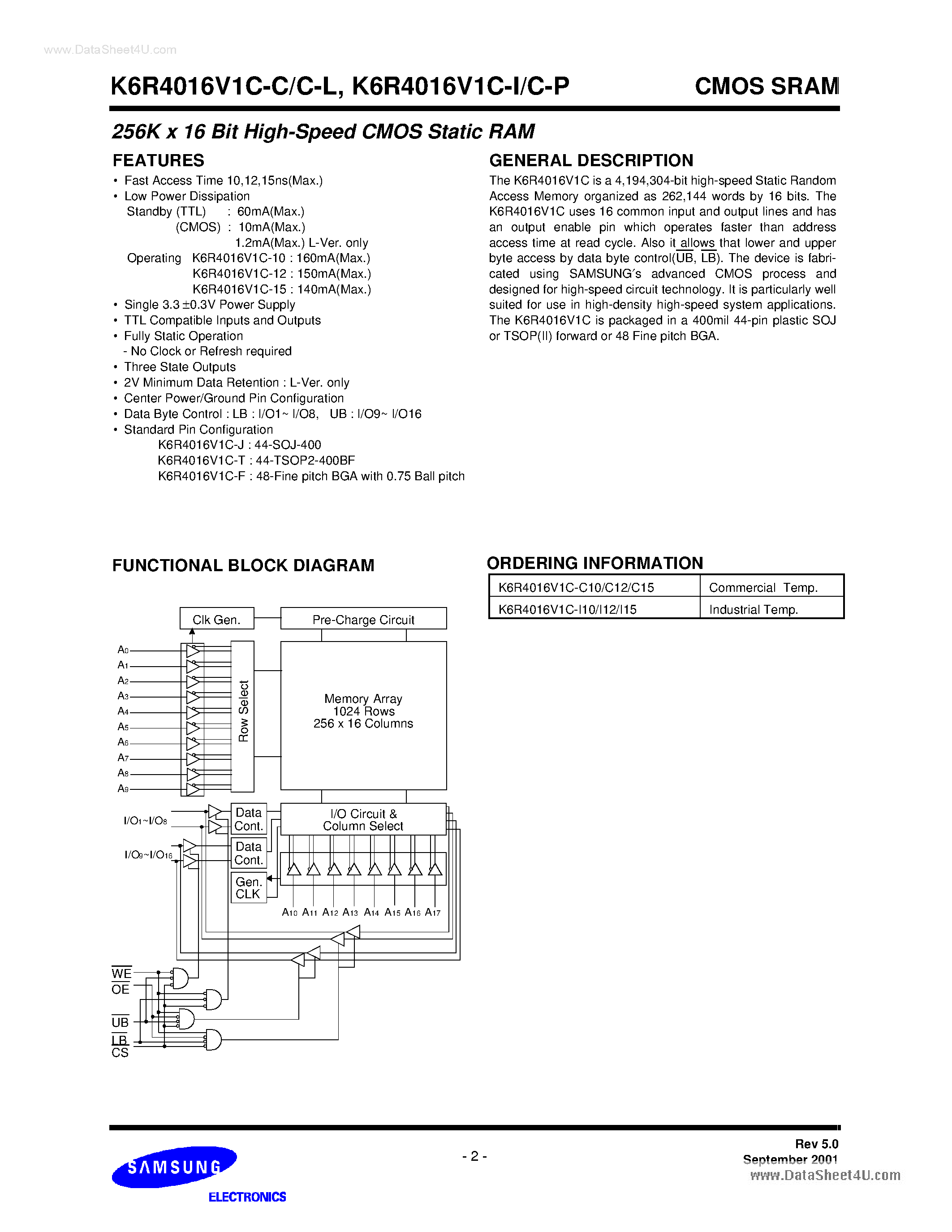 Даташит на микросхему K6R4016V1C страница 2 Даташит K6R4016V1C - 256Kx16 Bit High Speed Static RAM страница 2