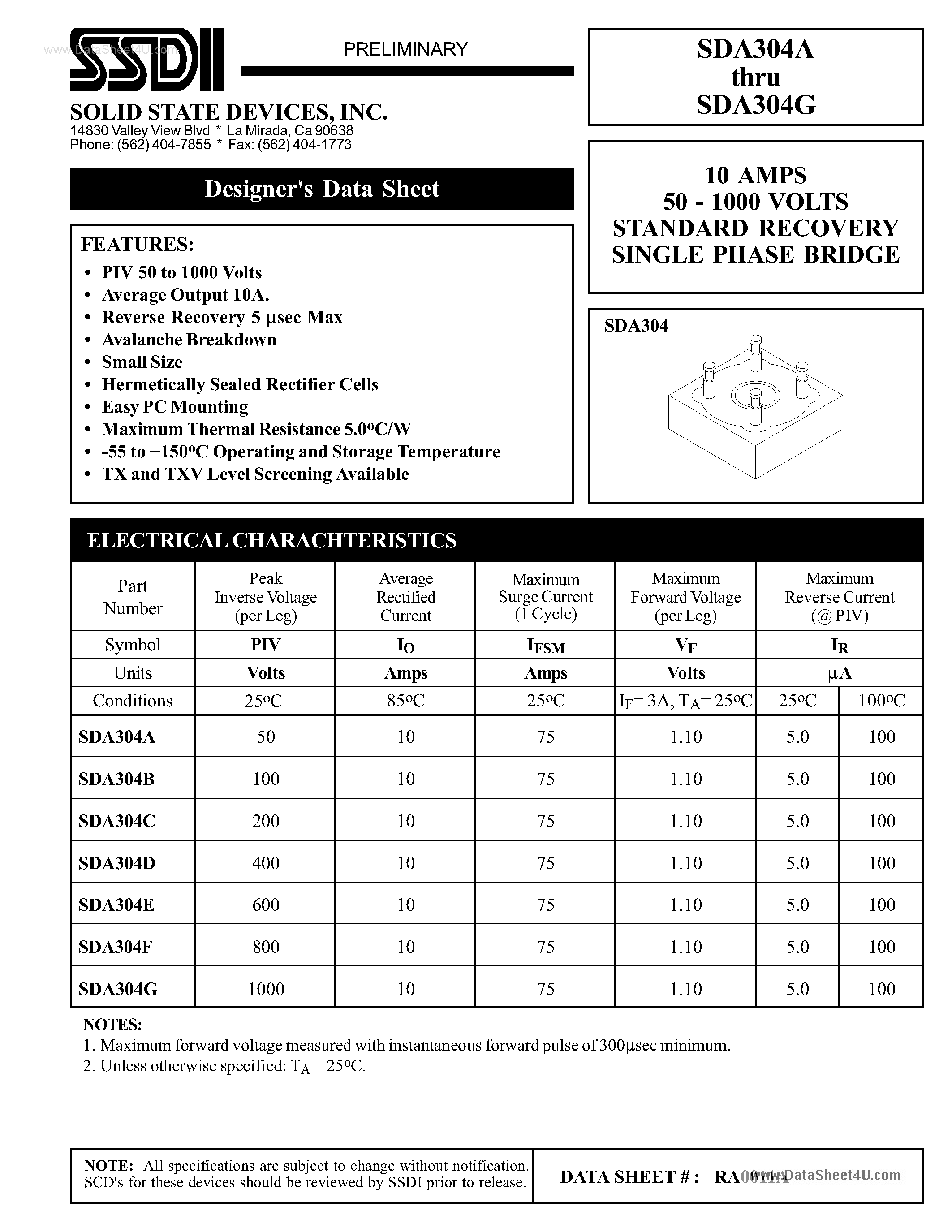 Даташит на микросхему SDA304A страница 1 Даташит SDA304A - (SDA304x) Standard Recovery Single Phase Bridge страница 1
