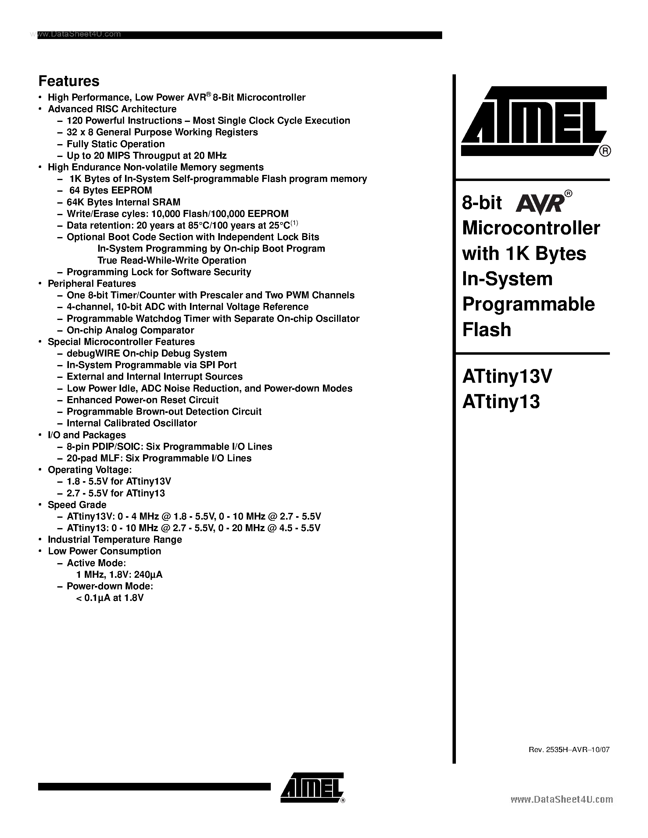 Даташит на микросхему ATINY13 страница 1 Даташит ATINY13 - 8-Bit Microcontroller страница 1
