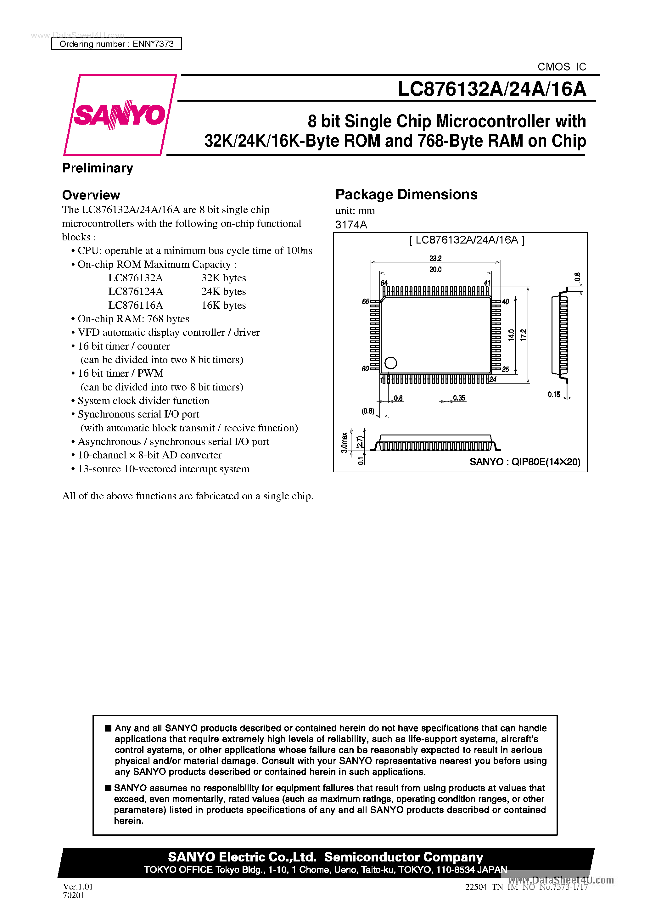 Datasheet LC876116A - (LC876116A - LC876132A) 8-Bit Single Chip Microcontroller page 1