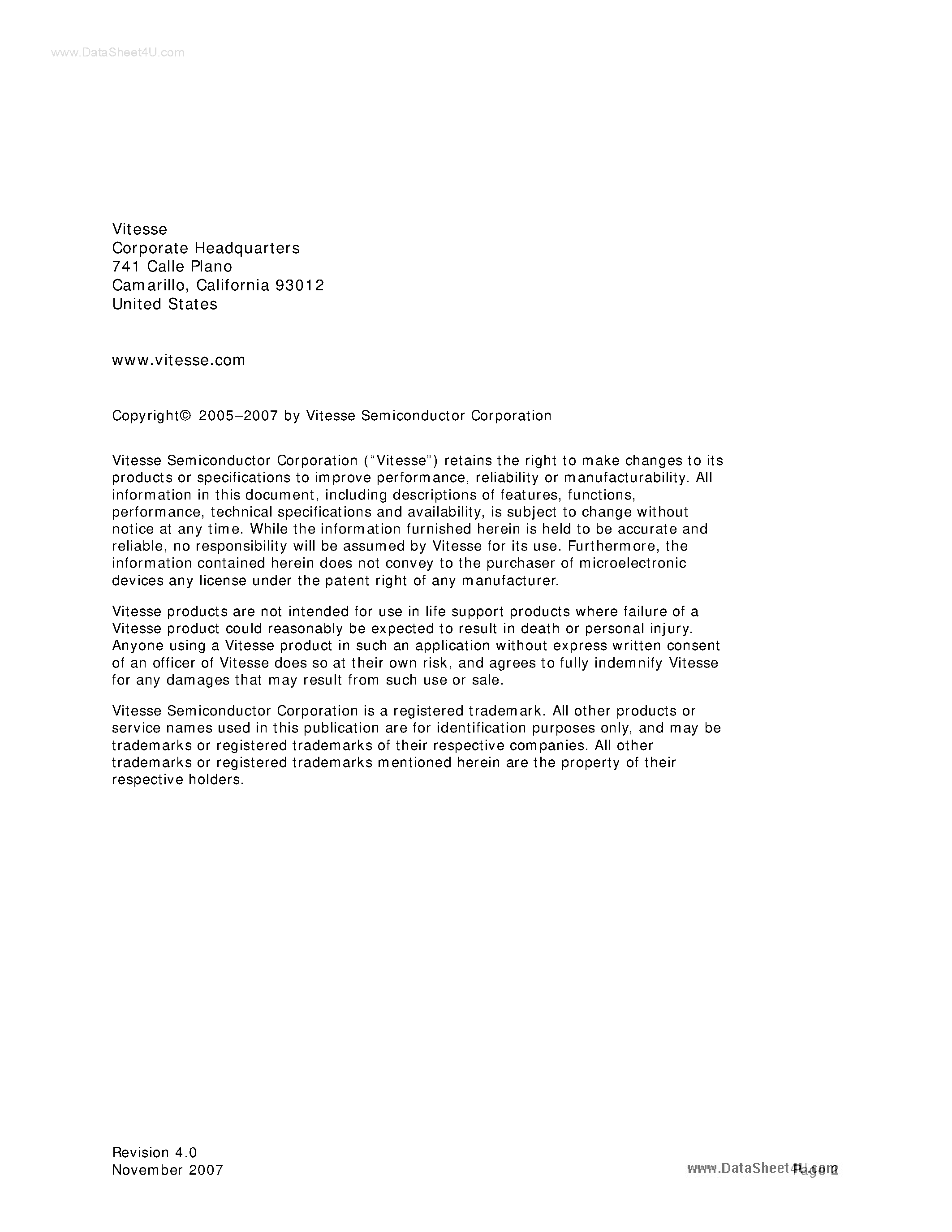 Datasheet VSC8601 page 2 Datasheet VSC8601 - 10/100/1000Base-T PHY page 2