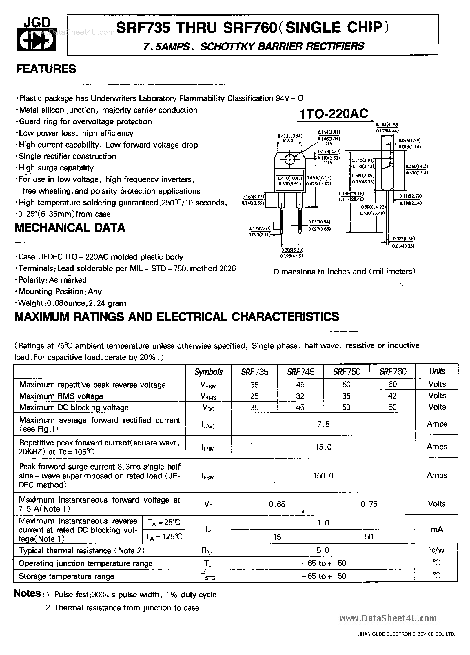 Datasheet SRF735 - (SRF735 - SRF760) SCHOTTKY BARRIER RECTIFIERS page 1