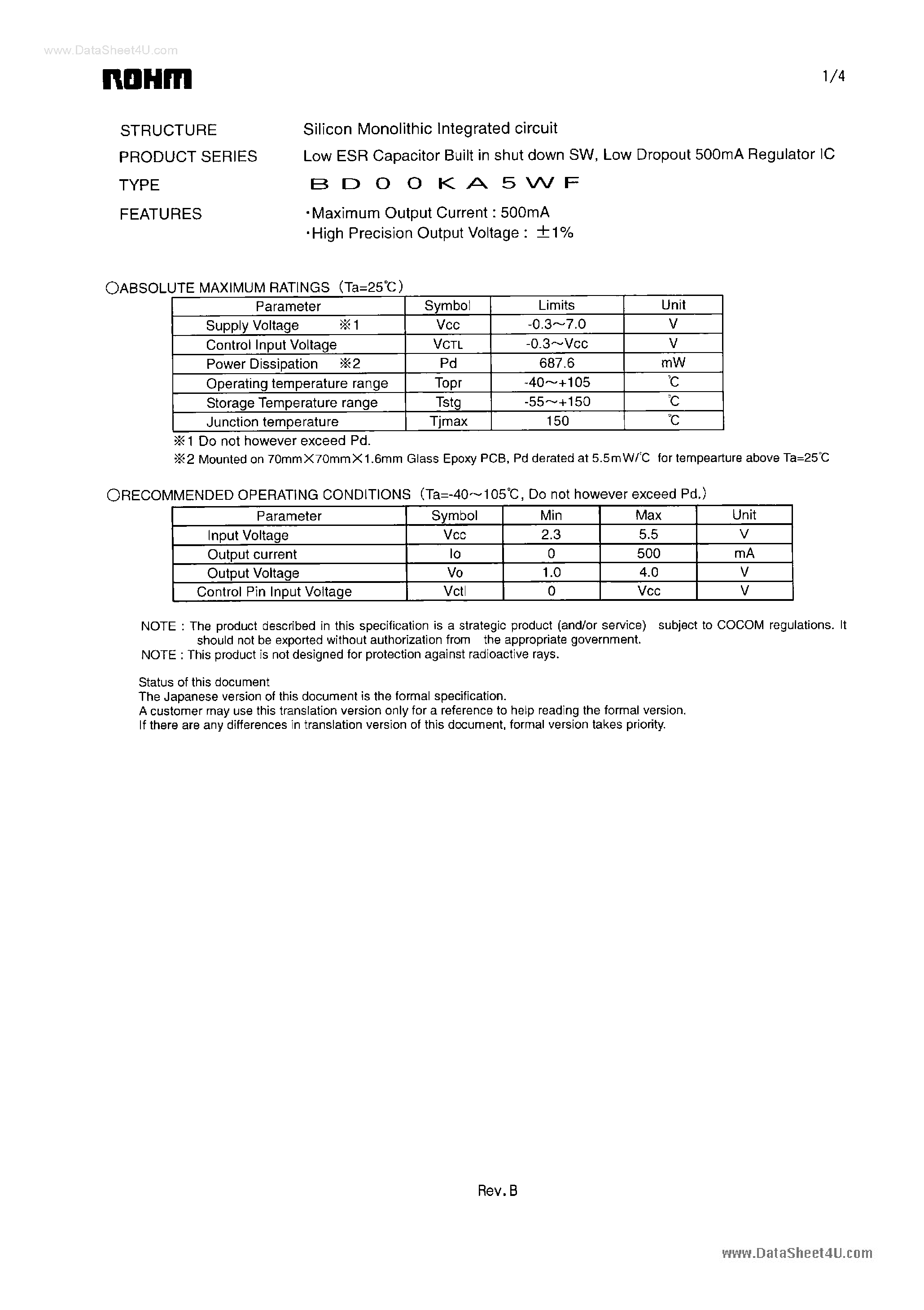 Даташит BD00KA5WF - Low ESR Capacitor Built in shut down SW страница 1
