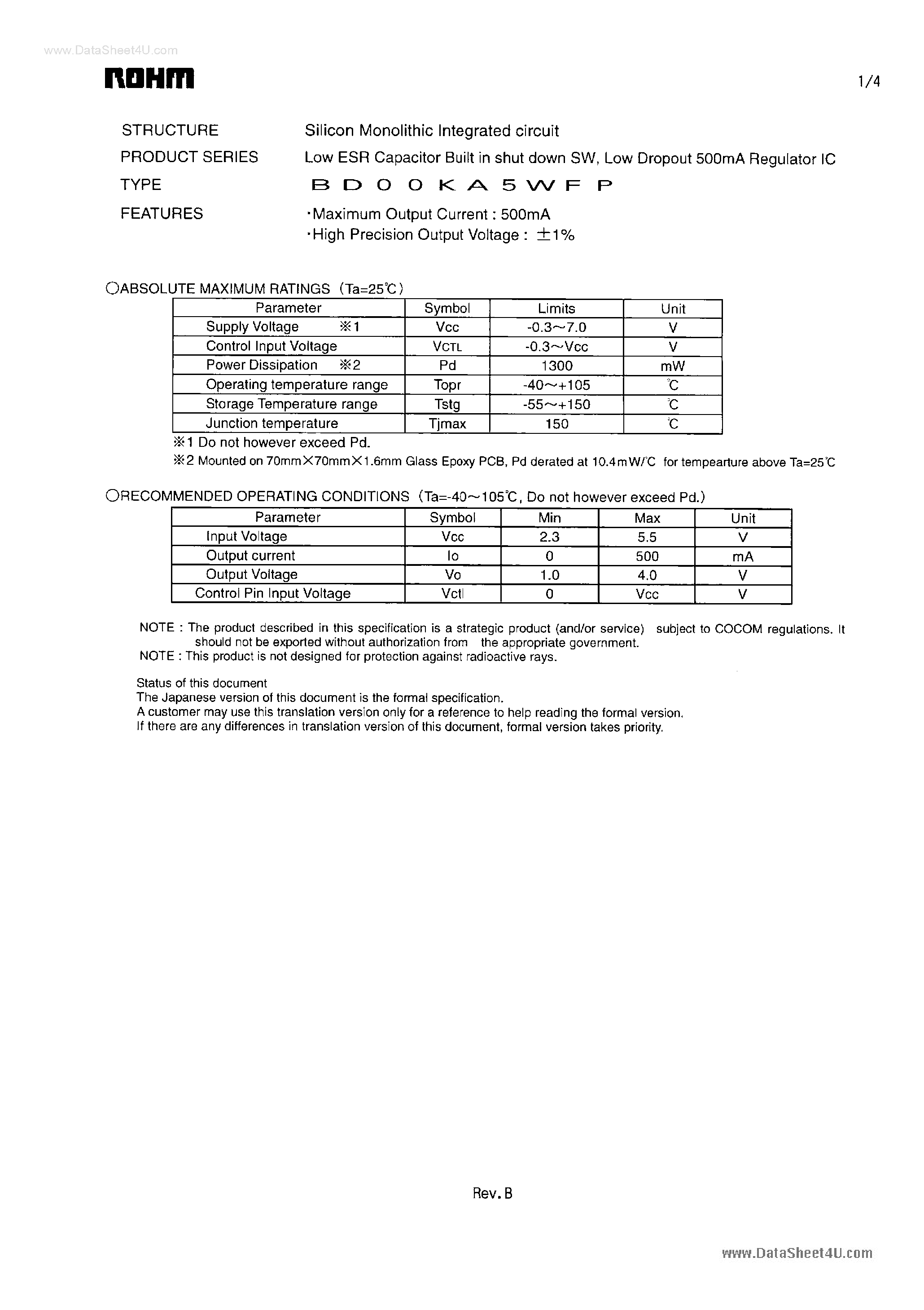 Даташит BD00KA5WFP - Low ESR Capacitor Built in shut down SW страница 1