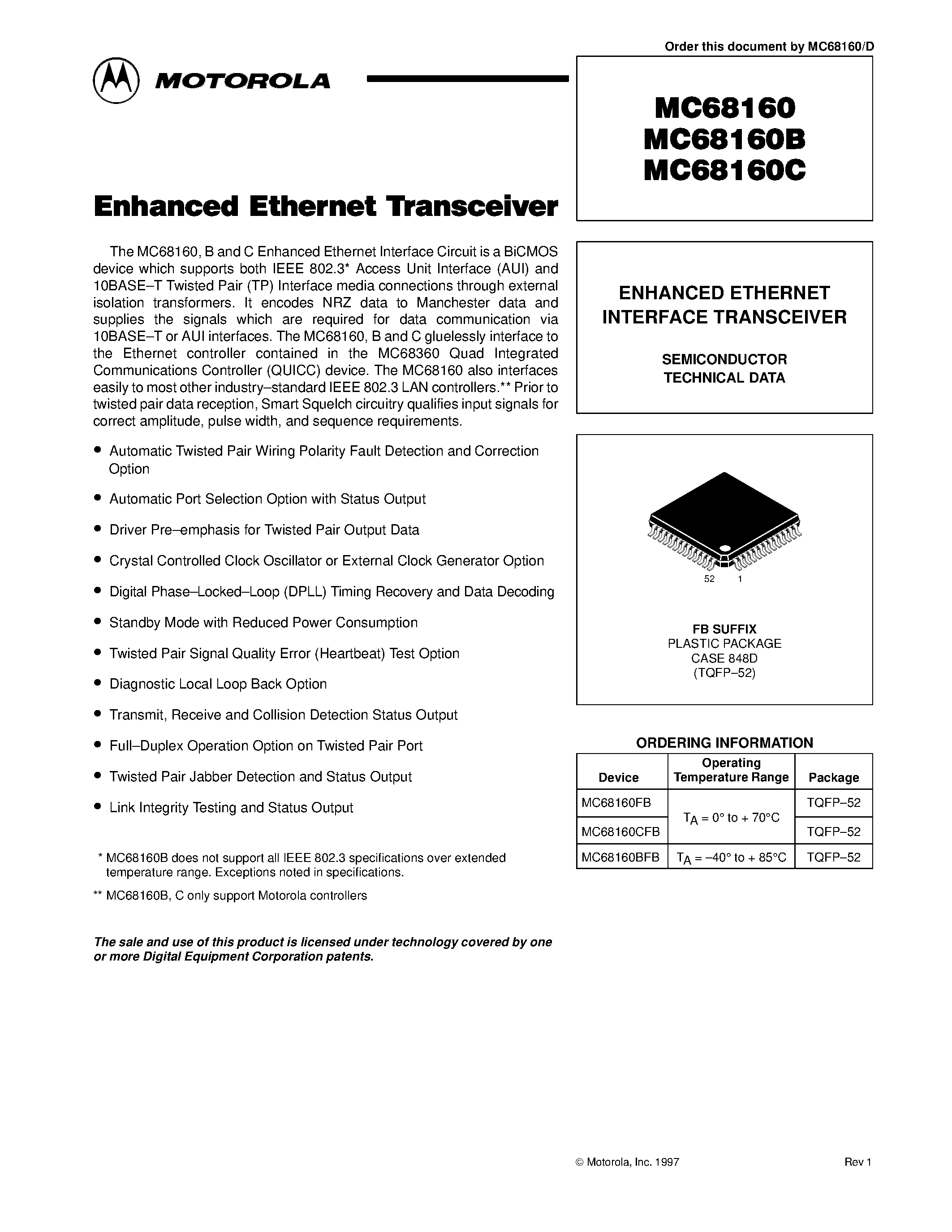 Datasheet MC68160B - ENHANCED ETHERNET INTERFACE TRANSCEIVER page 1