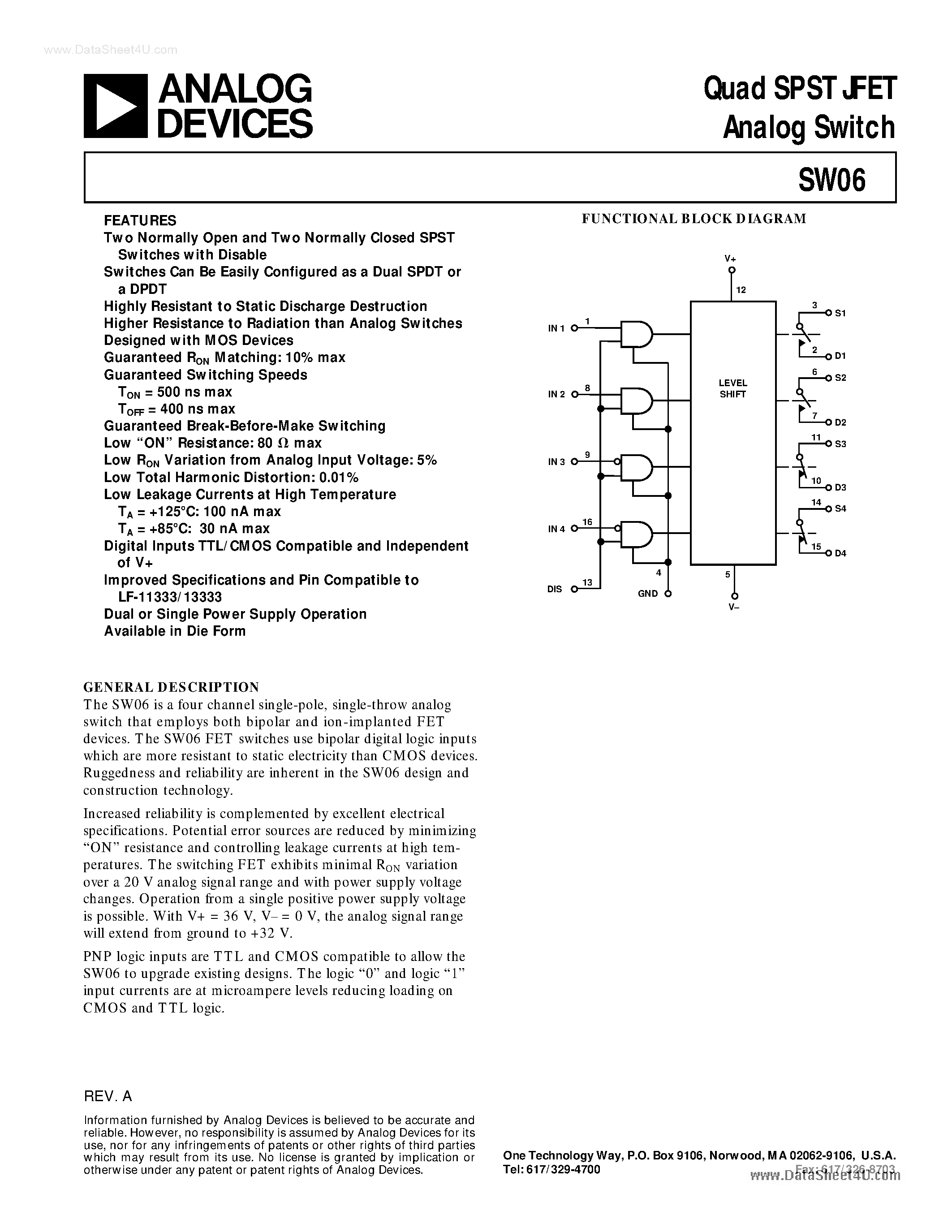 Datasheet SW06 - Quad SPST JFET Analog Switch page 1
