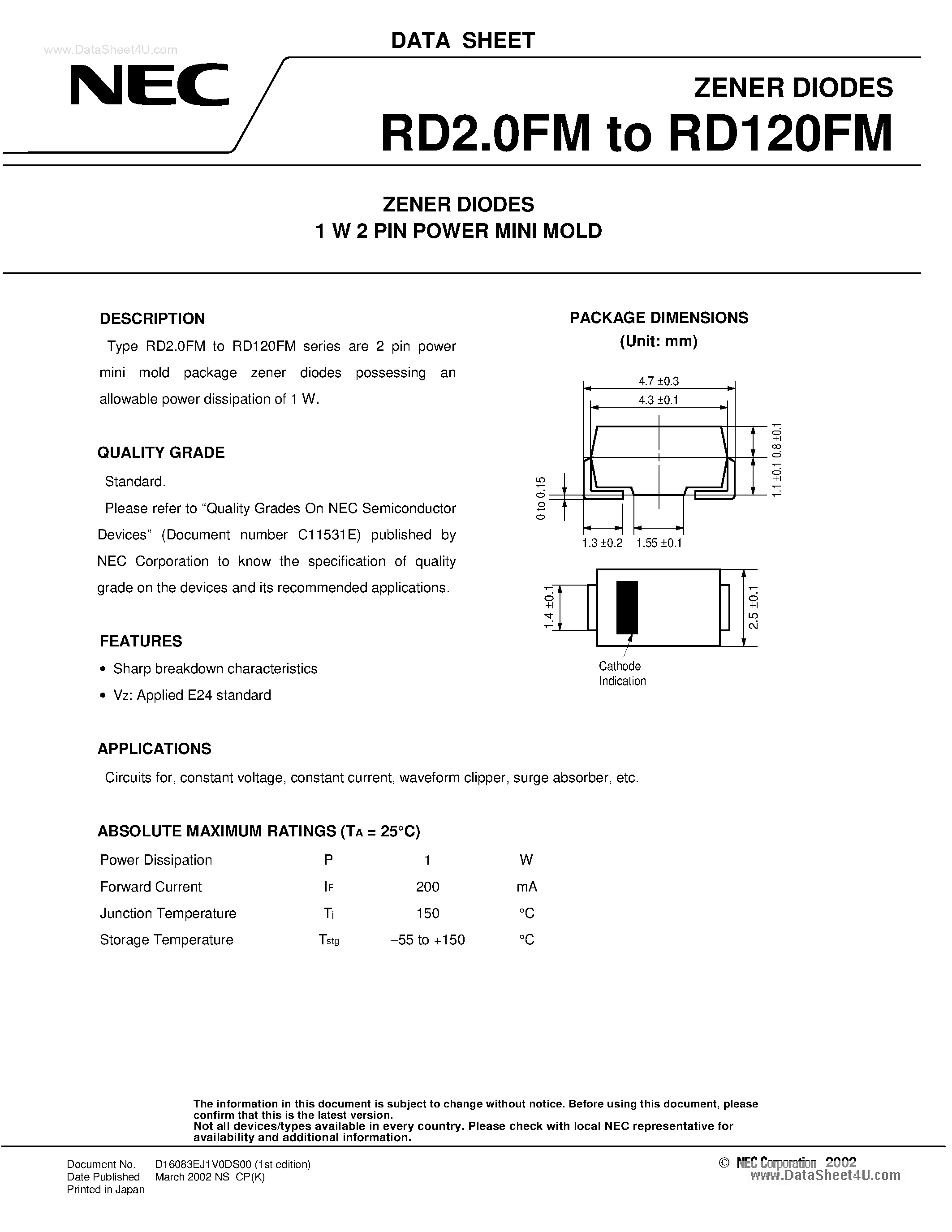 Даташит на микросхему RD6.2FM страница 1 Даташит RD6.2FM - ZENER DIODES страница 1