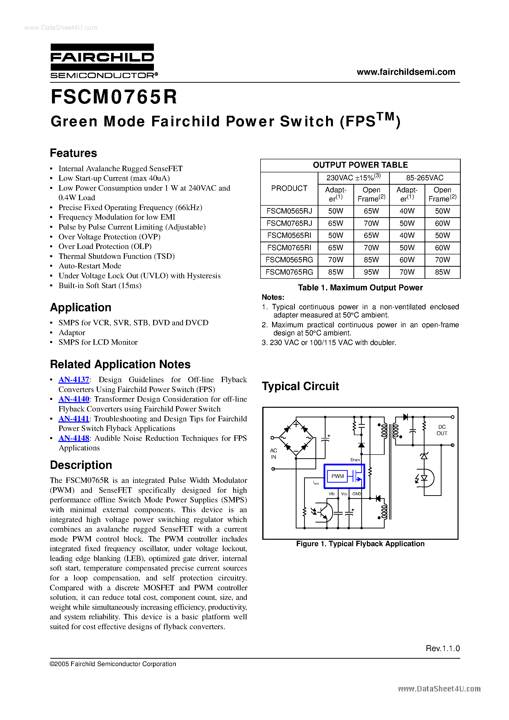Даташит на микросхему FSCM0565RG страница 1 Даташит FSCM0565RG - Green Mode Fairchild Power Switch страница 1