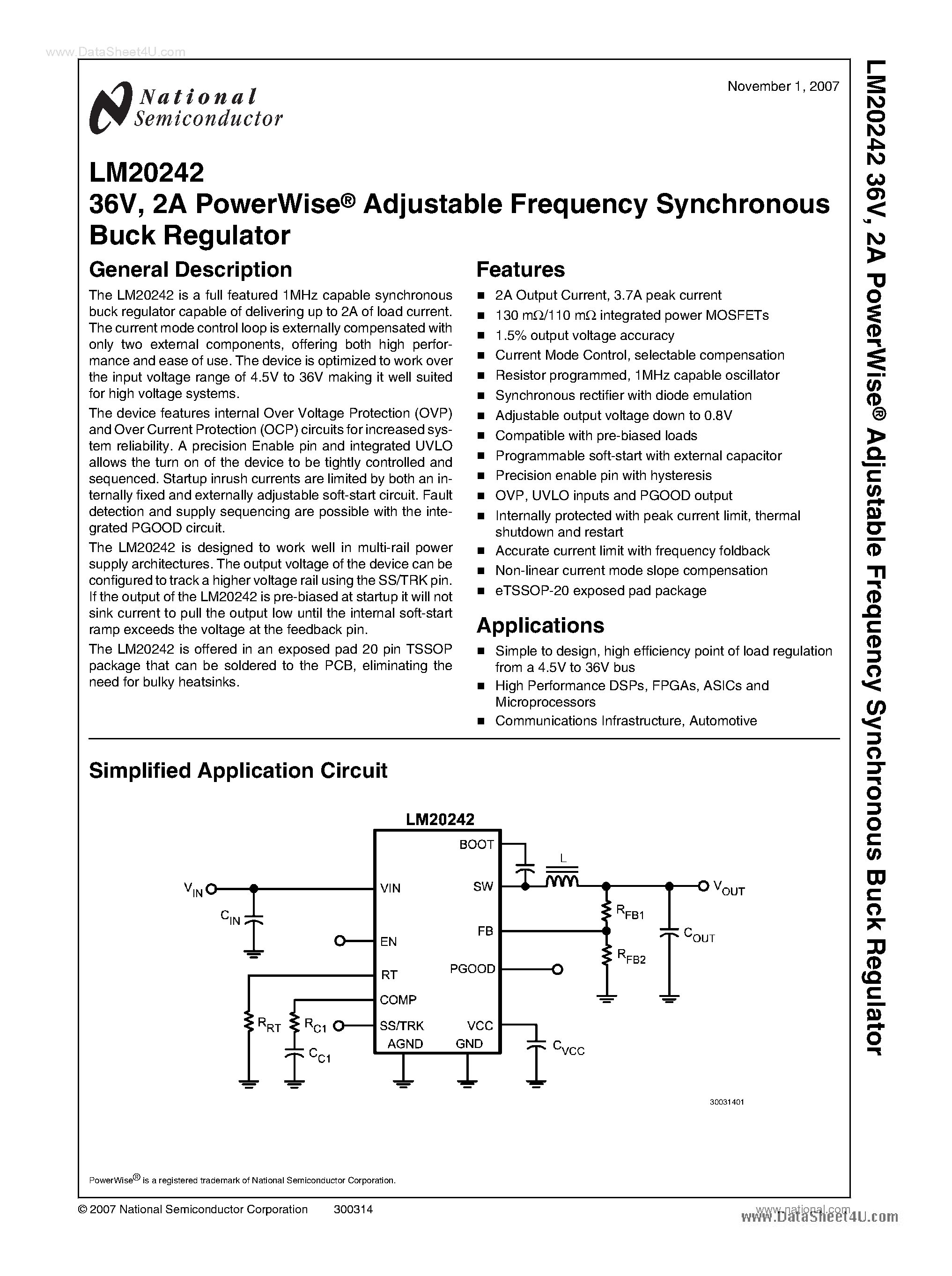 Даташит LM20242 - 2A PowerWise Adjustable Frequency Synchronous Buck Regulator страница 1