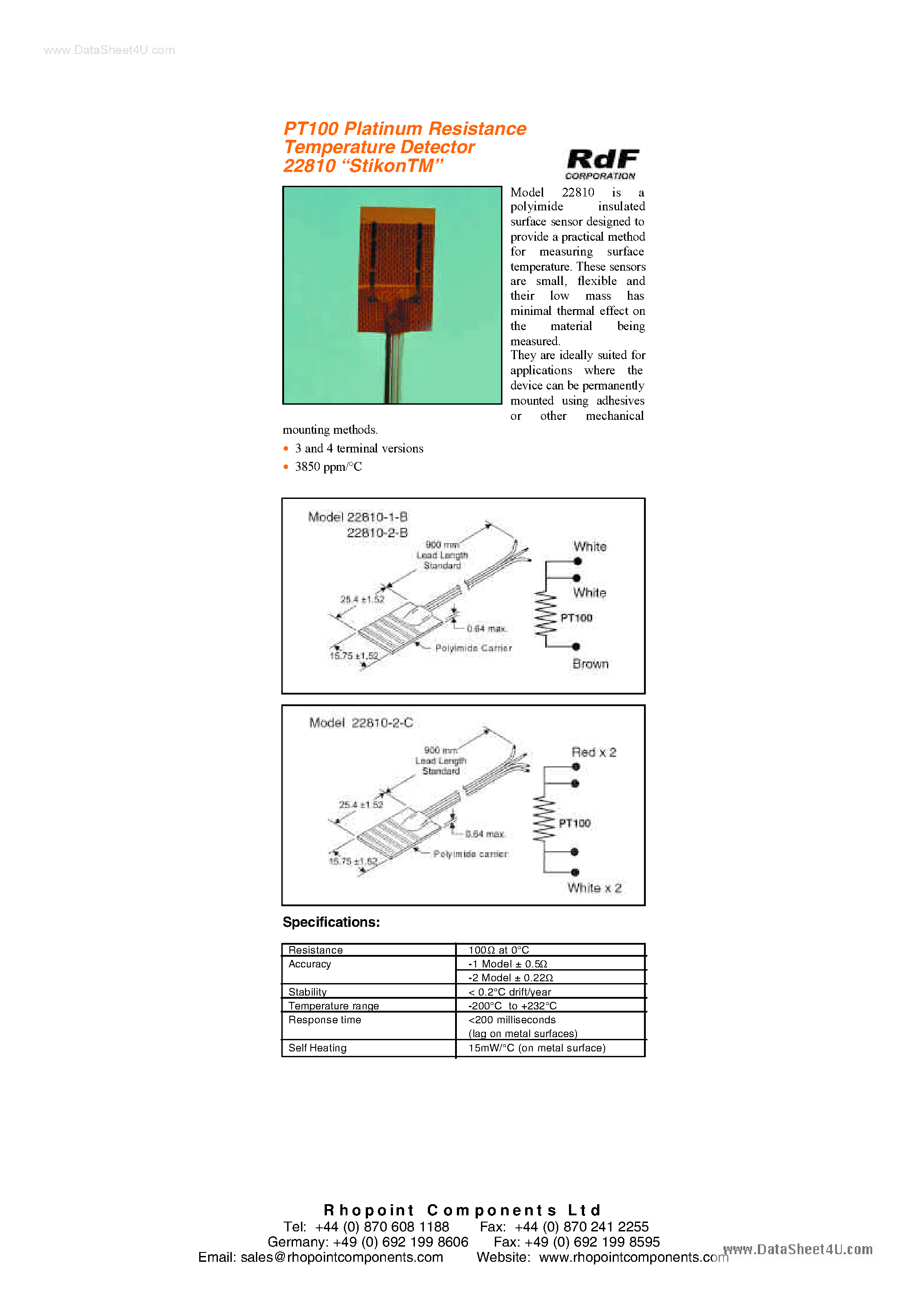 Datasheet PT100 - Platinum Resistance Temperature Detector page 1