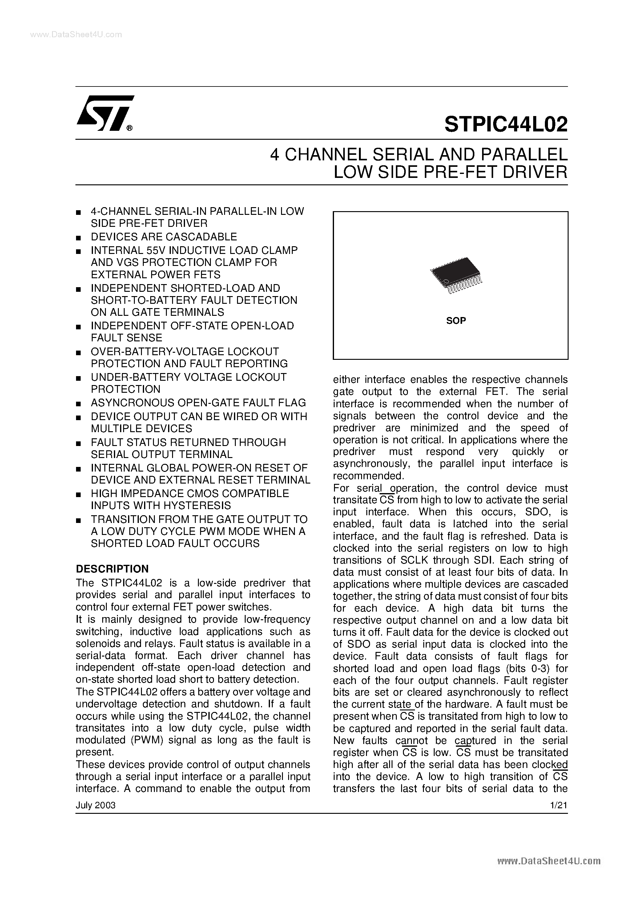 Datasheet STPIC44L02 - 4 CHANNEL SERIAL AND PARALLEL LOW SIDE PRE-FET DRIVER page 1