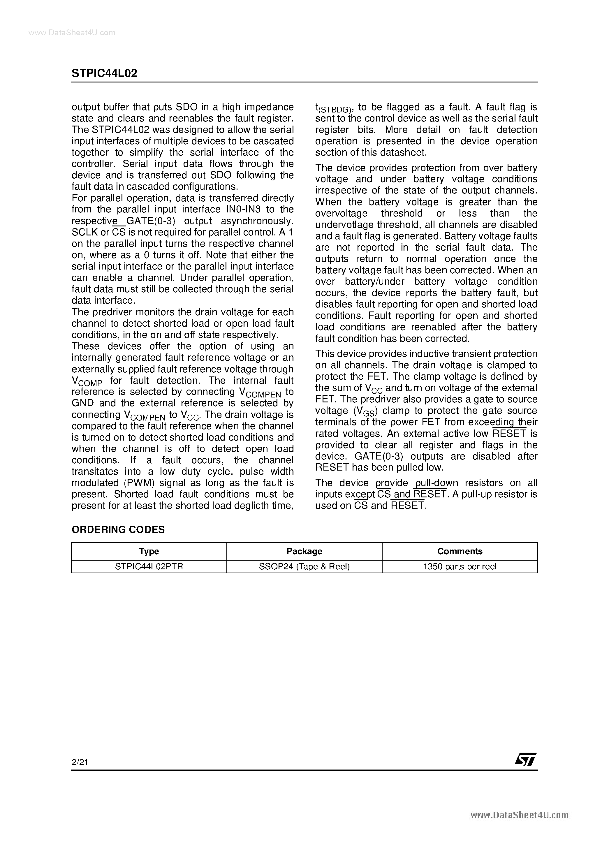 Datasheet STPIC44L02 - 4 CHANNEL SERIAL AND PARALLEL LOW SIDE PRE-FET DRIVER page 2