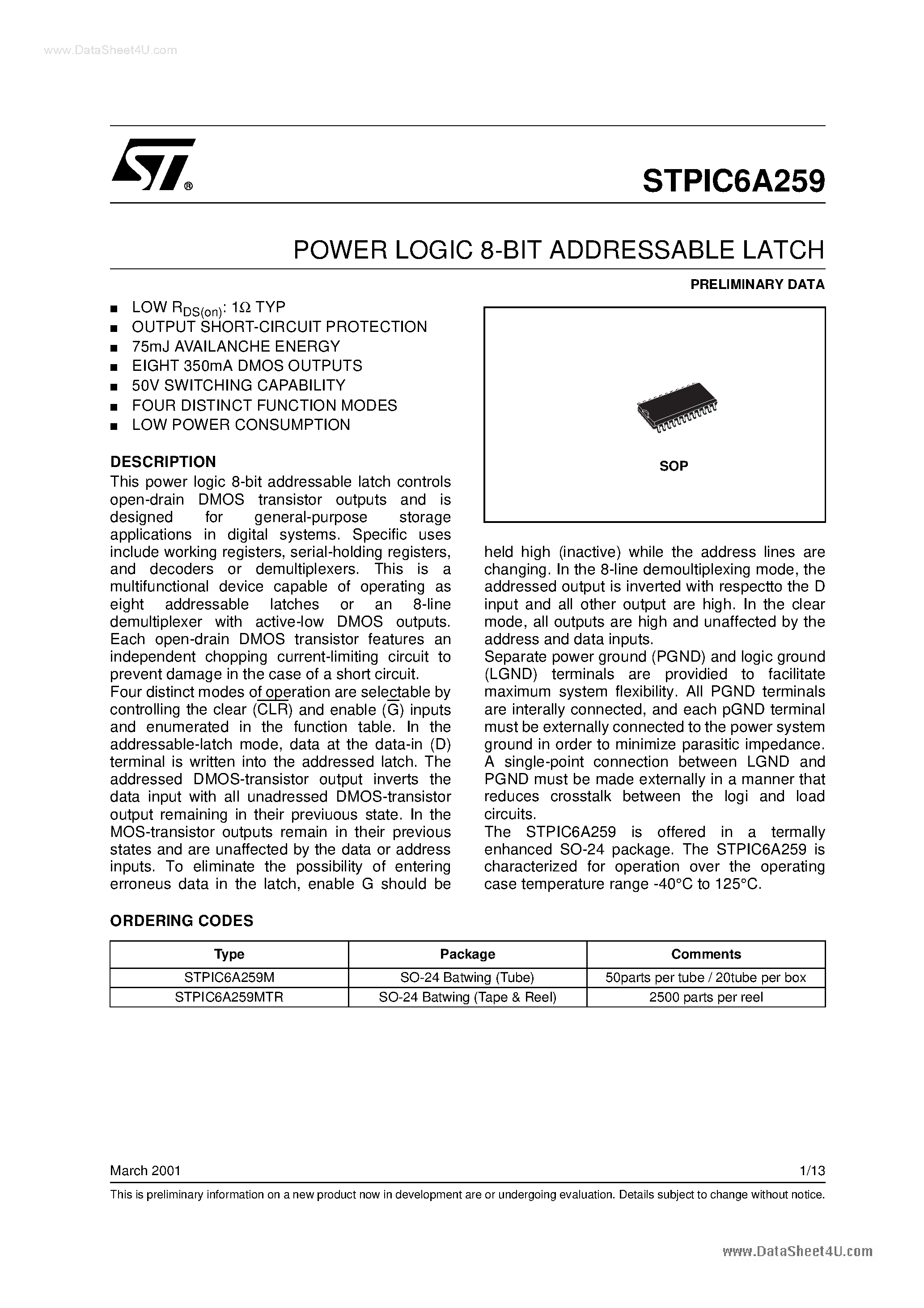 Datasheet STPIC6A259 page 1 Datasheet STPIC6A259 - POWER LOGIC 8-BIT ADDRESSABLE LATCH page 1