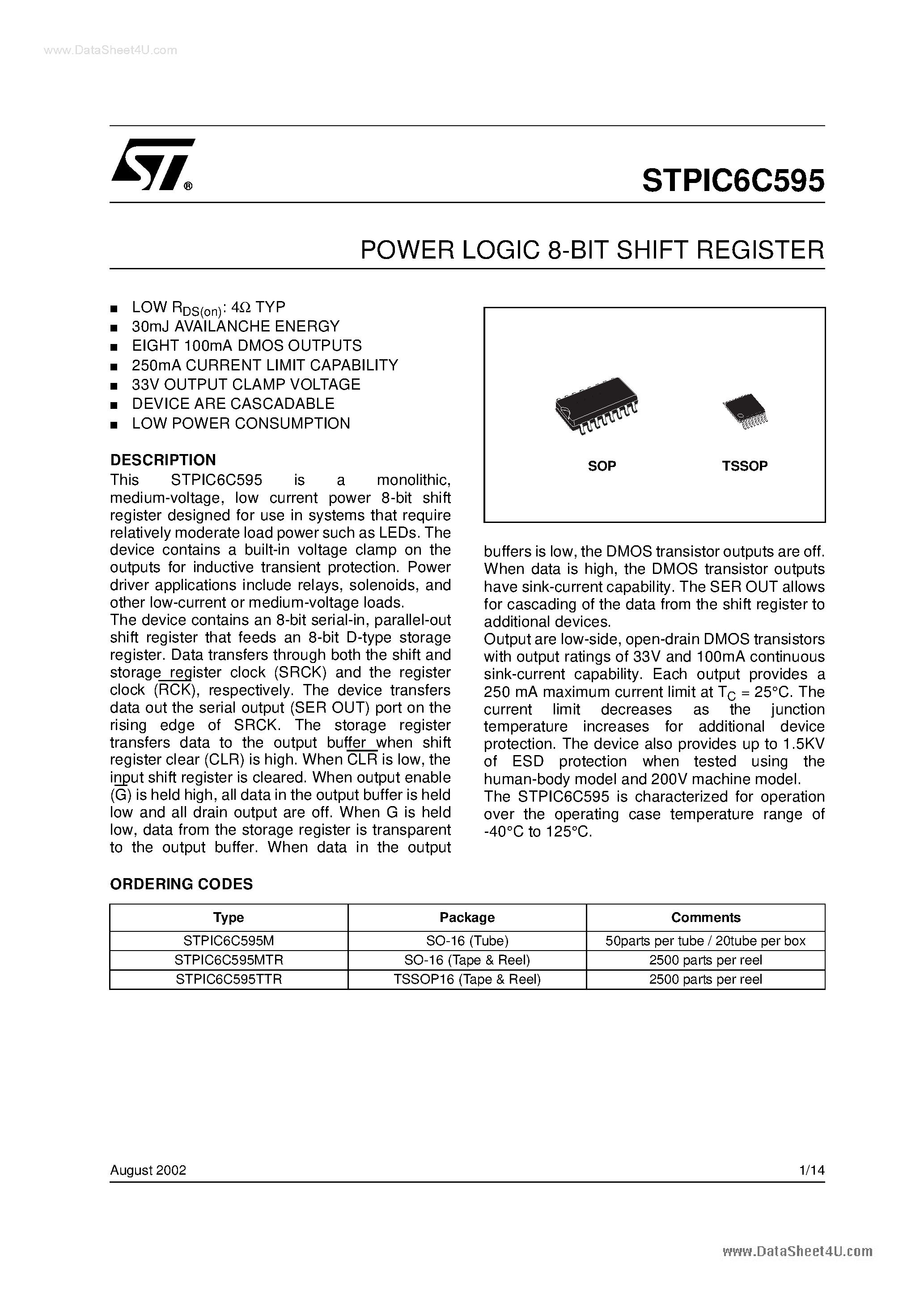 Даташит на микросхему STPIC6C595 страница 1 Даташит STPIC6C595 - POWER LOGIC 8-BIT SHIFT REGISTER страница 1